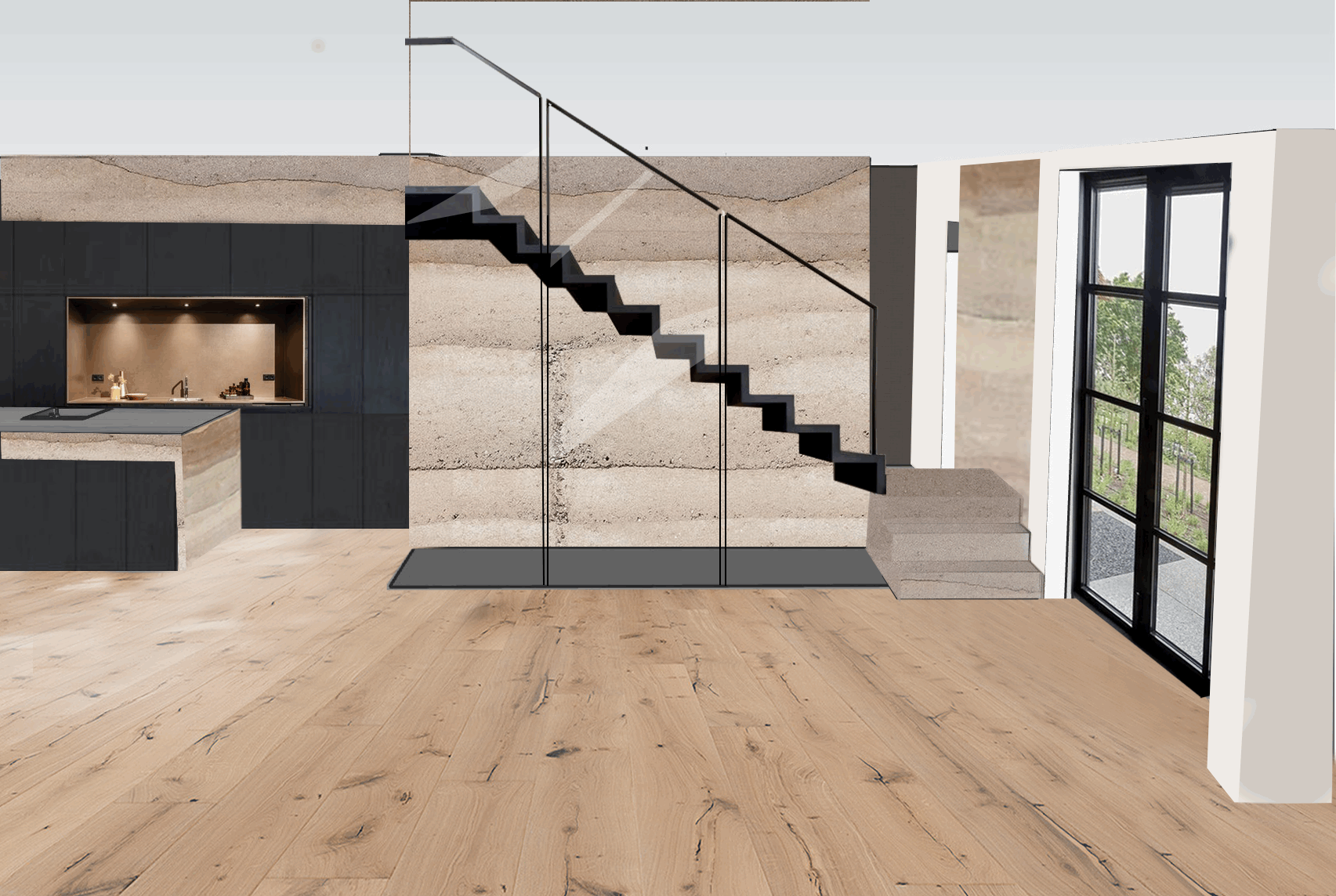 Innenraum mit Holzboden, schwarzer Treppe, Wand mit Natursteinmuster, große Fenster mit schwarzem Rahmen, moderner Küchenbereich mit schwarzen Fronten.