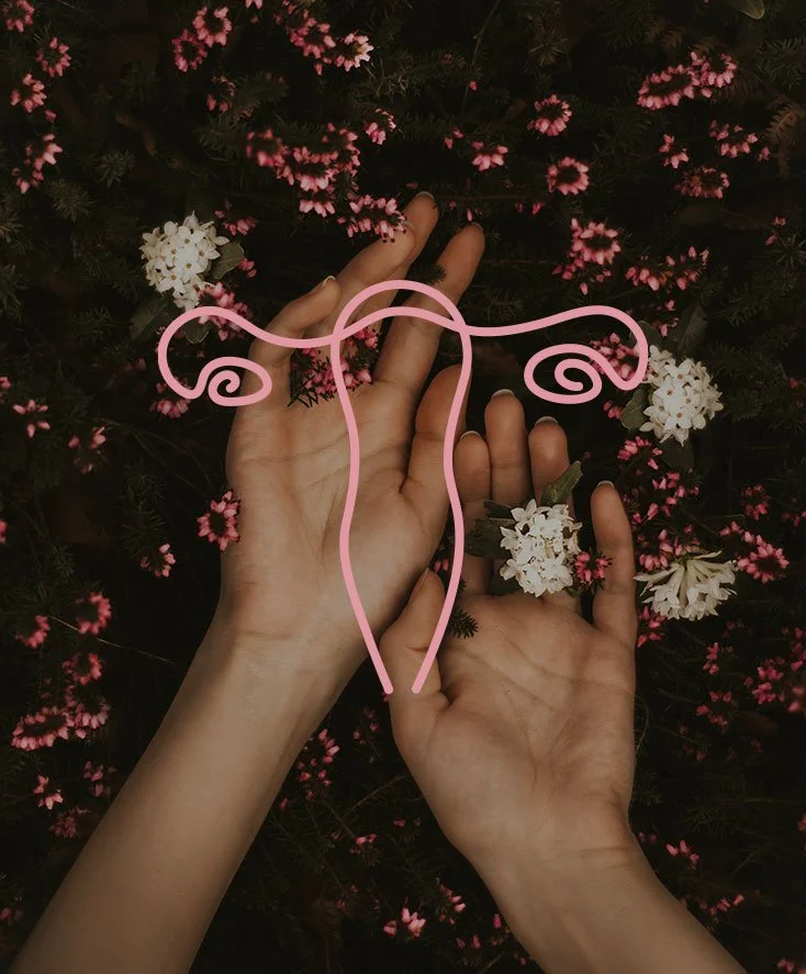 Two hands with palms facing outwards resting on a bed of pink and white flowers and green plants with an illustration icon of a uterus