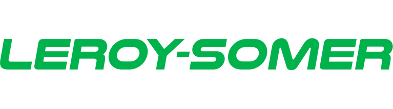 Logo de Leroy-Somer en vert sur fond noir.