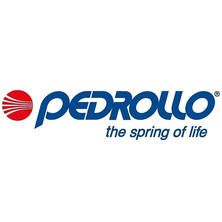 Logo de Pedrollo avec le slogan "the spring of life" en bleu, symbole rouge à gauche avec des lignes courbes.
