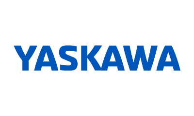 Logo de Yaskawa écrit en bleu sur un fond blanc.