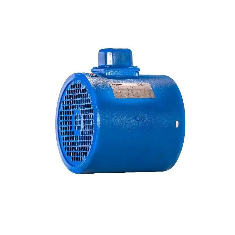 Moteur électrique bleu avec grille de ventilation sur le côté et plaque d'identification