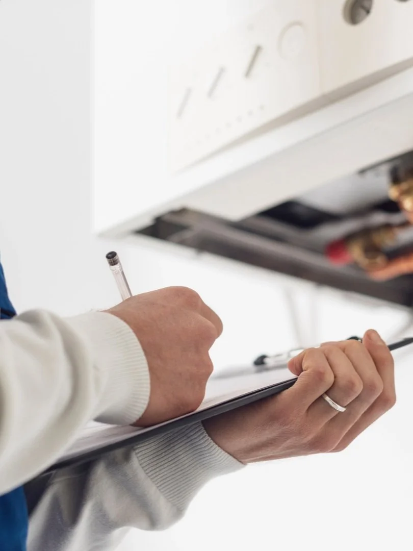 Person writing on a clipboard with a pen, underneath a kitchen stove.