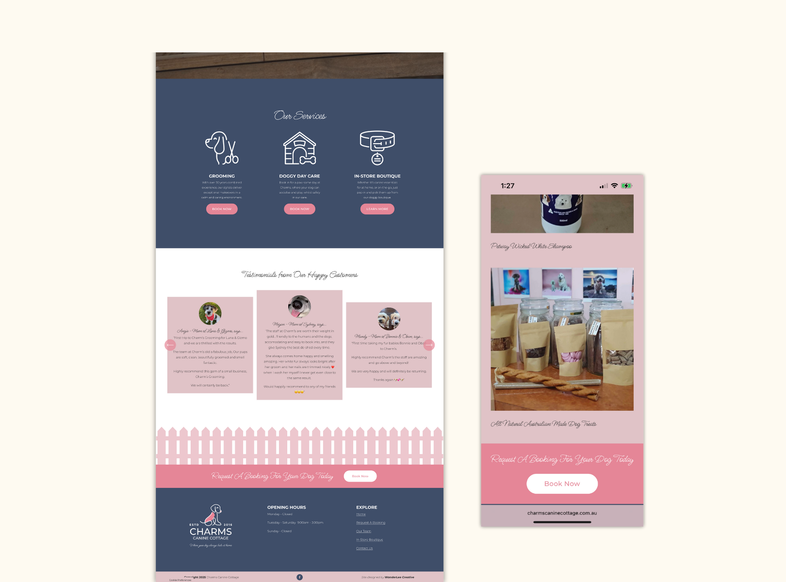 Image of a mobile phone screen with a pet product page showing pet treats in jars, pet shampoo, and a "Request a Booking for Your Dog Today" button beneath a picture of the pet treats, alongside a desktop webpage for a pet services website with sections for grooming, doggy day care, and a boutique, and customer testimonials.