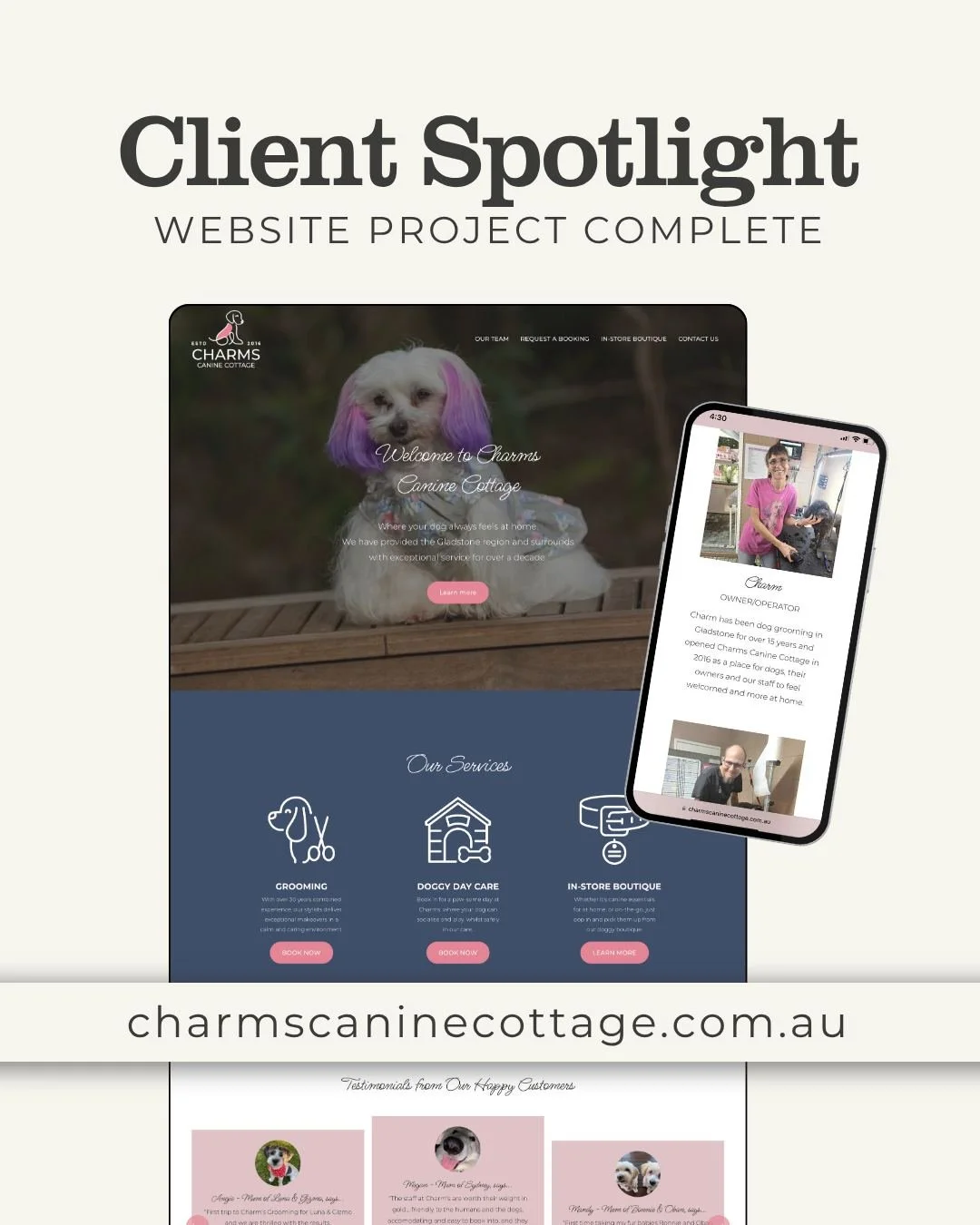 ✨ CLIENT SPOTLIGHT: Charms Canine Cottage ✨

The lovely Charm, Owner/Operator of Charms Canine Cottage has a clear passion for pups and a warm-hearted brand. 

For over a decade now her and her amazing team have been providing an absolute pamper pala
