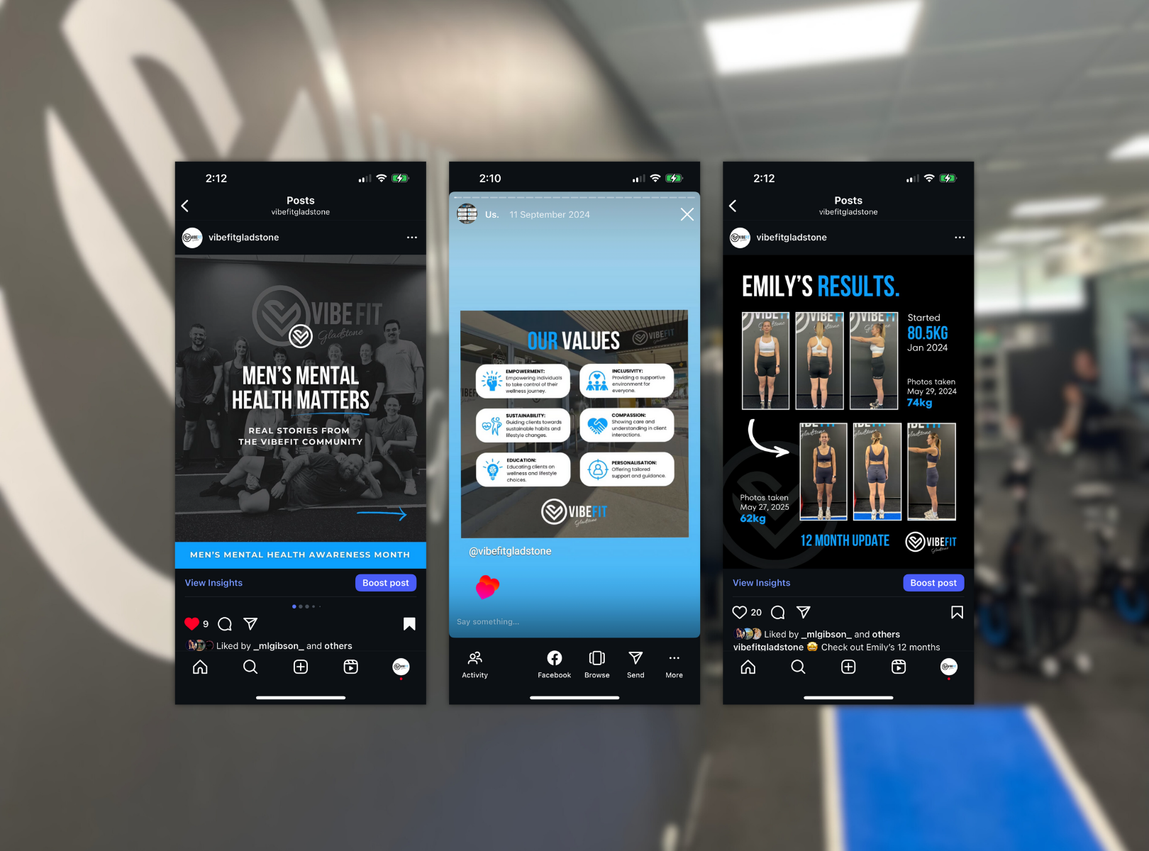 Three smartphone screens displaying social media posts and stories about men's mental health awareness, gym achievements, and fitness progress, set against a blurred gym background.
