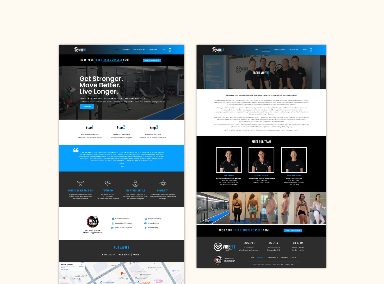 Screenshots of the Vibefit fitness center website showing workout equipment room, team photos, and information about fitness programs.