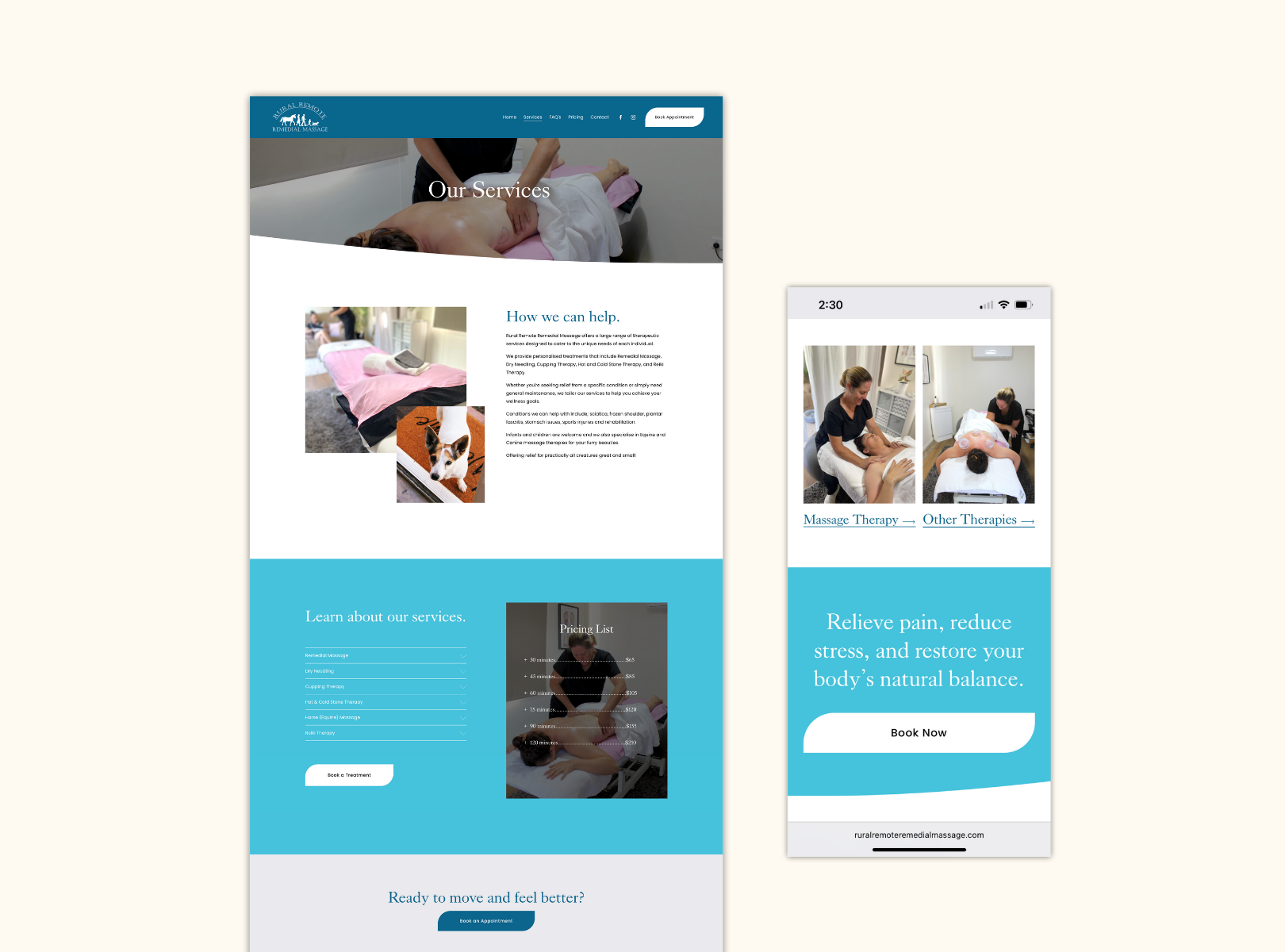 Screenshots of a website for a remote animal massage therapy service. The desktop version shows the homepage with images of massage therapy on animals, a menu with services, FAQ, pricing, and contact info, and a section describing services. The mobile version shows a similar layout highlighting massage therapy and a booking call-to-action.