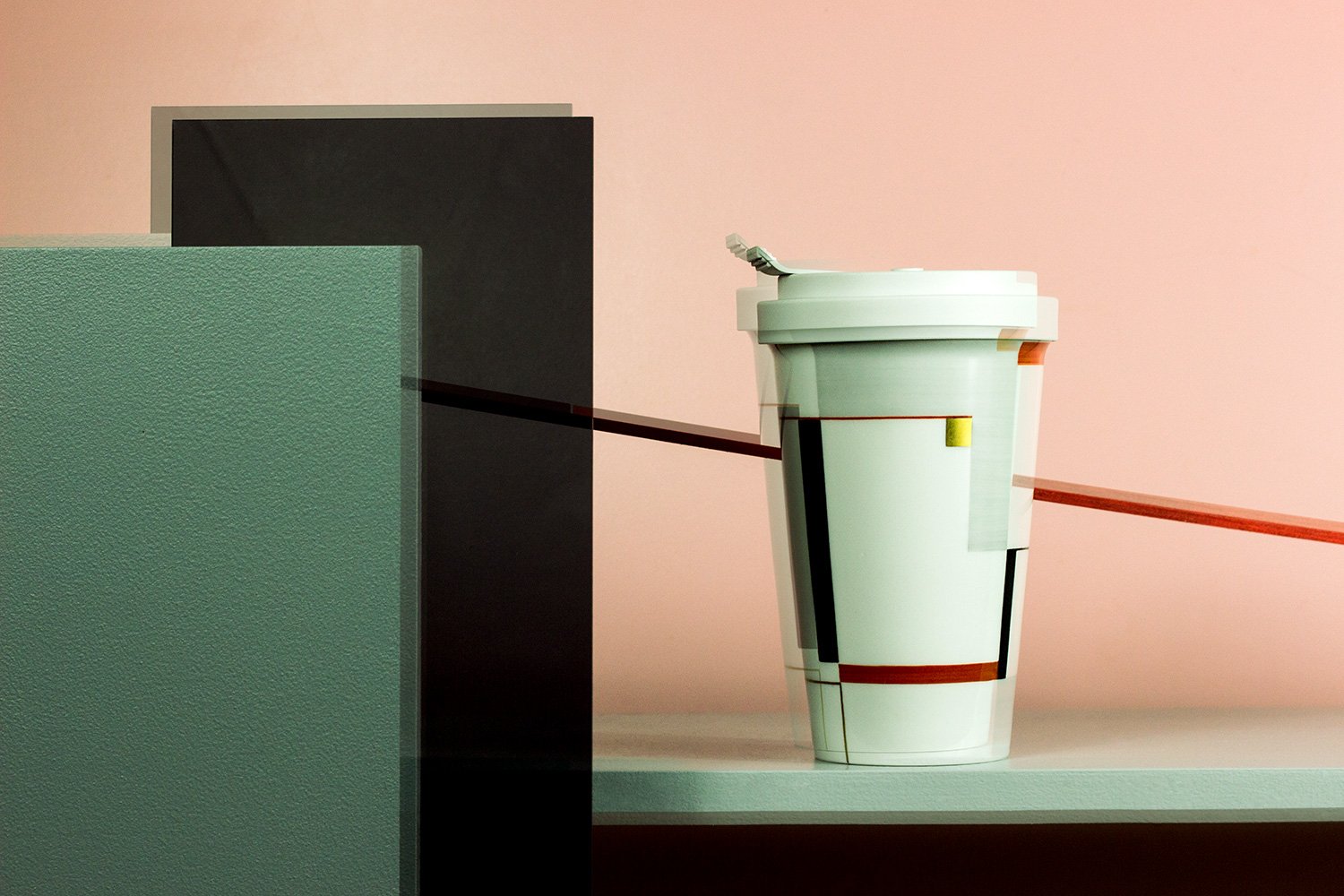 Still life with KPM porcelain coffee cup from the b100.1 series in geometric composition inspired by László Moholy-Nagy, set design and props styling by Steffi Bühlmaier, photography by Loreen Hinz, 2024