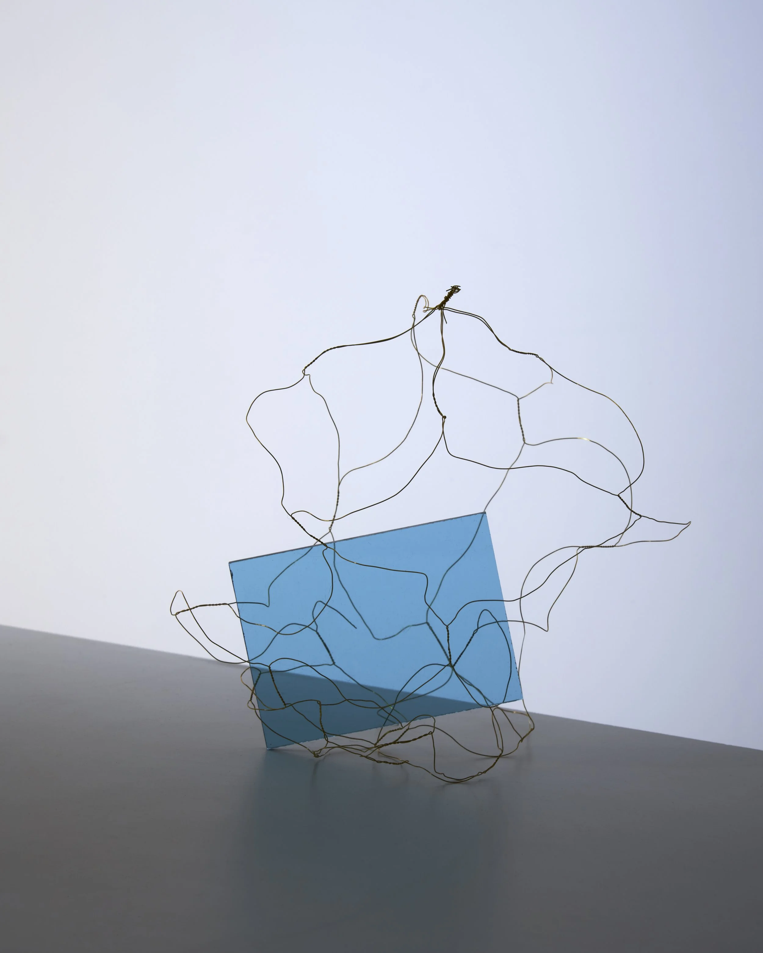 Still life with blue acrylic panel and sculptural wire form, set design and props styling by Steffi Bühlmaier, photography by Paul Kusserow, 2020