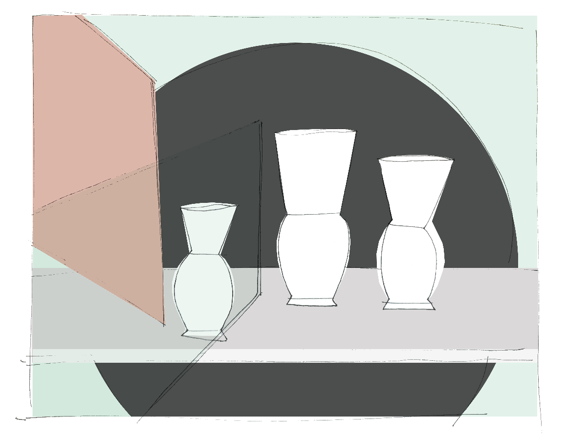 Set design concept drawing for KPM porcelain composition exploring scale and balance, by Steffi Bühlmaier, 2024