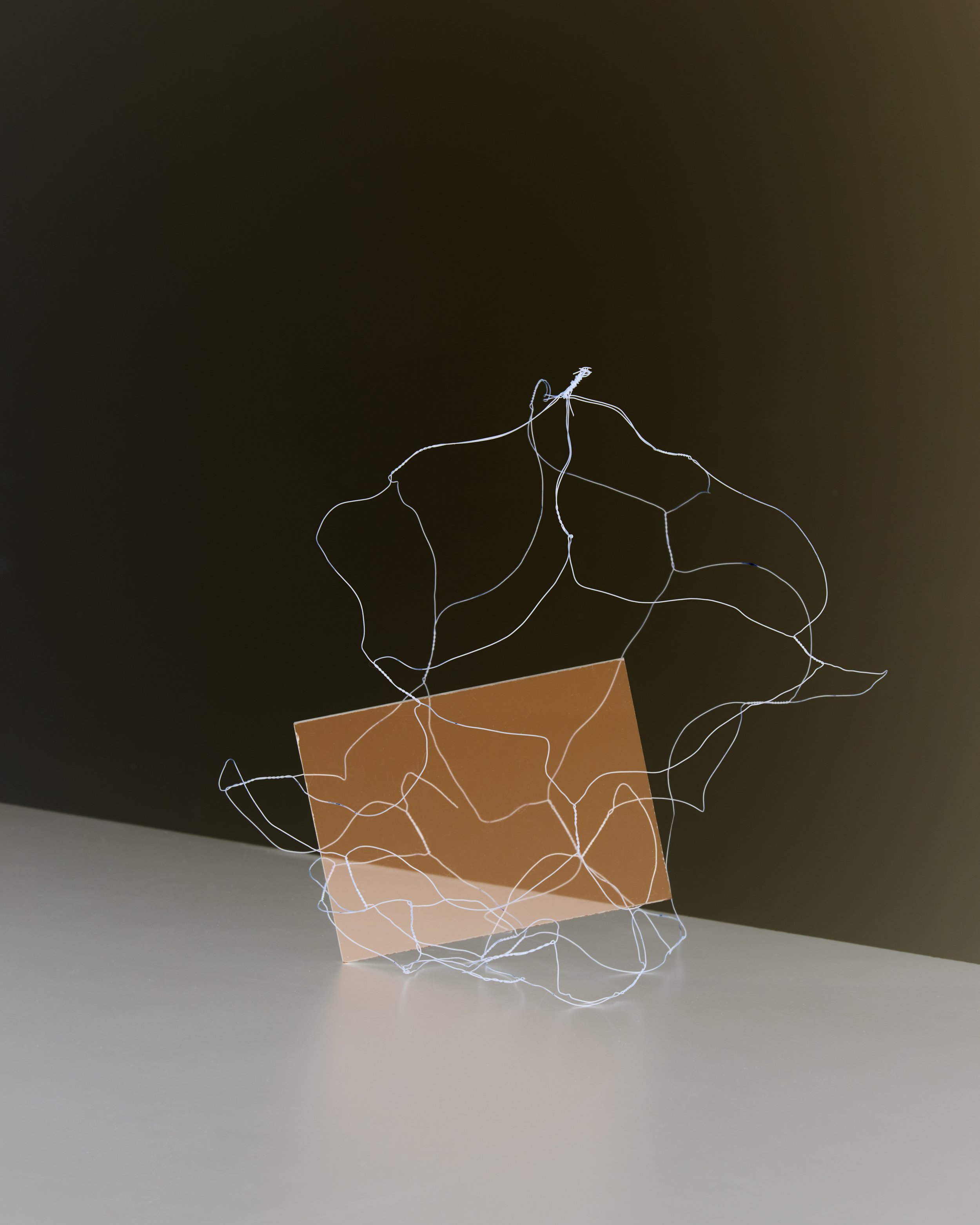 Abstract still life with copper plate and delicate wire sculpture, art direction and styling by Steffi Bühlmaier, photography by paul kusserow