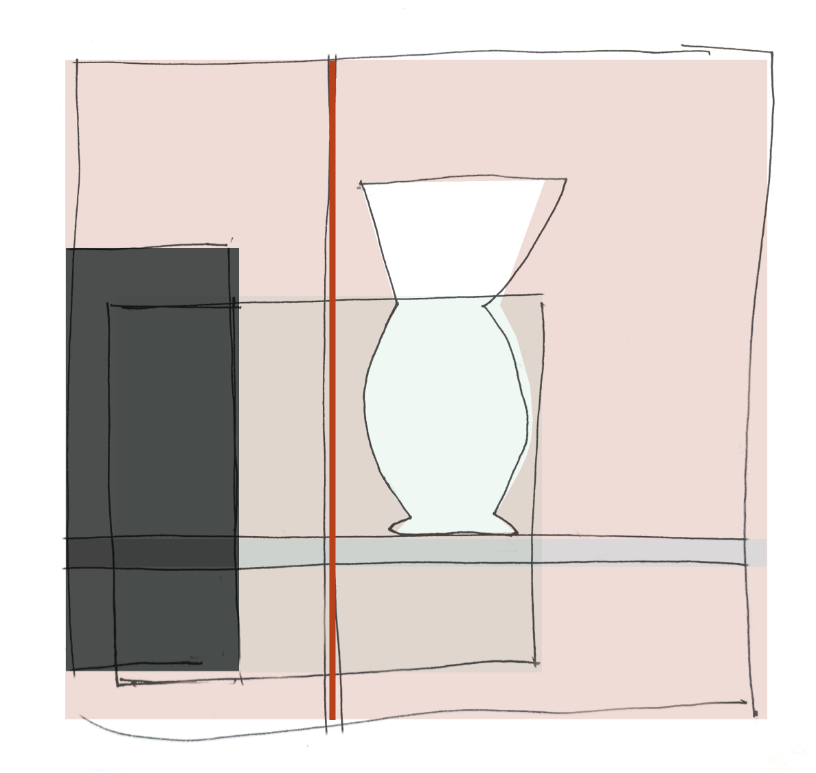 Set design concept drawing for KPM porcelain still life inspired by Bauhaus compositions of László Moholy-Nagy, by Steffi Bühlmaier, 2024