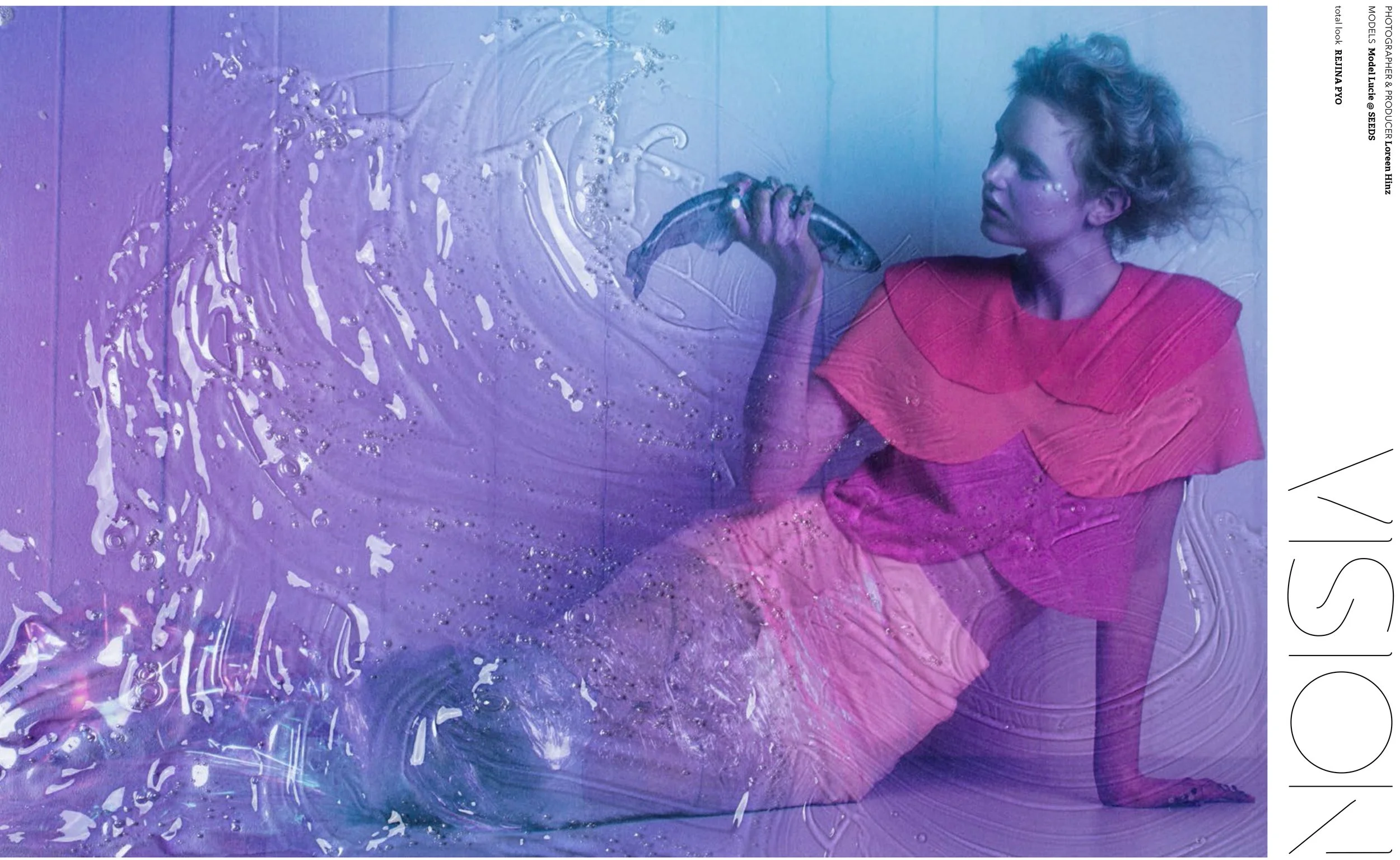 Editorial fashion image featuring reclining figure in gradient lighting overlayed by liquid textures, set design and props styling by Steffi Bühlmaier, photography by Loreen Hinz for Vision Magazine China, 2019