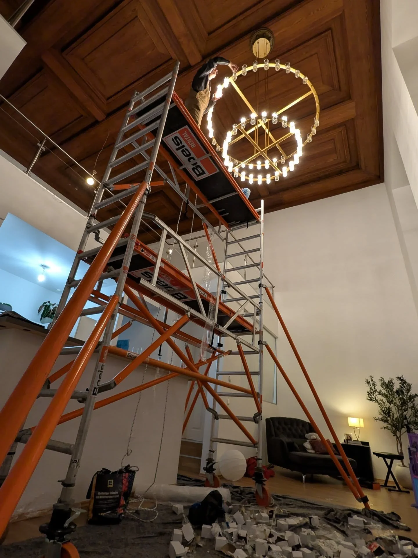 8 meters up, precision all the way down. ✨
Chandelier installation done safely with professional scaffolding. No height is too high when it&rsquo;s done right.&rdquo;