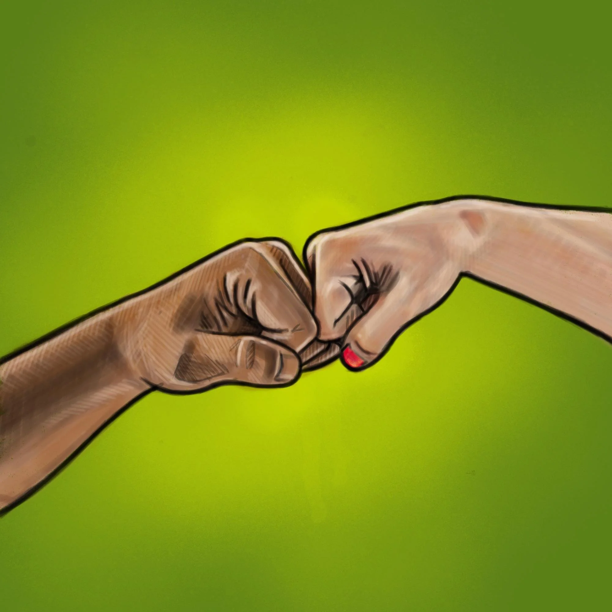 The artwork shows two fists bumping on a green background, a nod to teamwork and positivity.