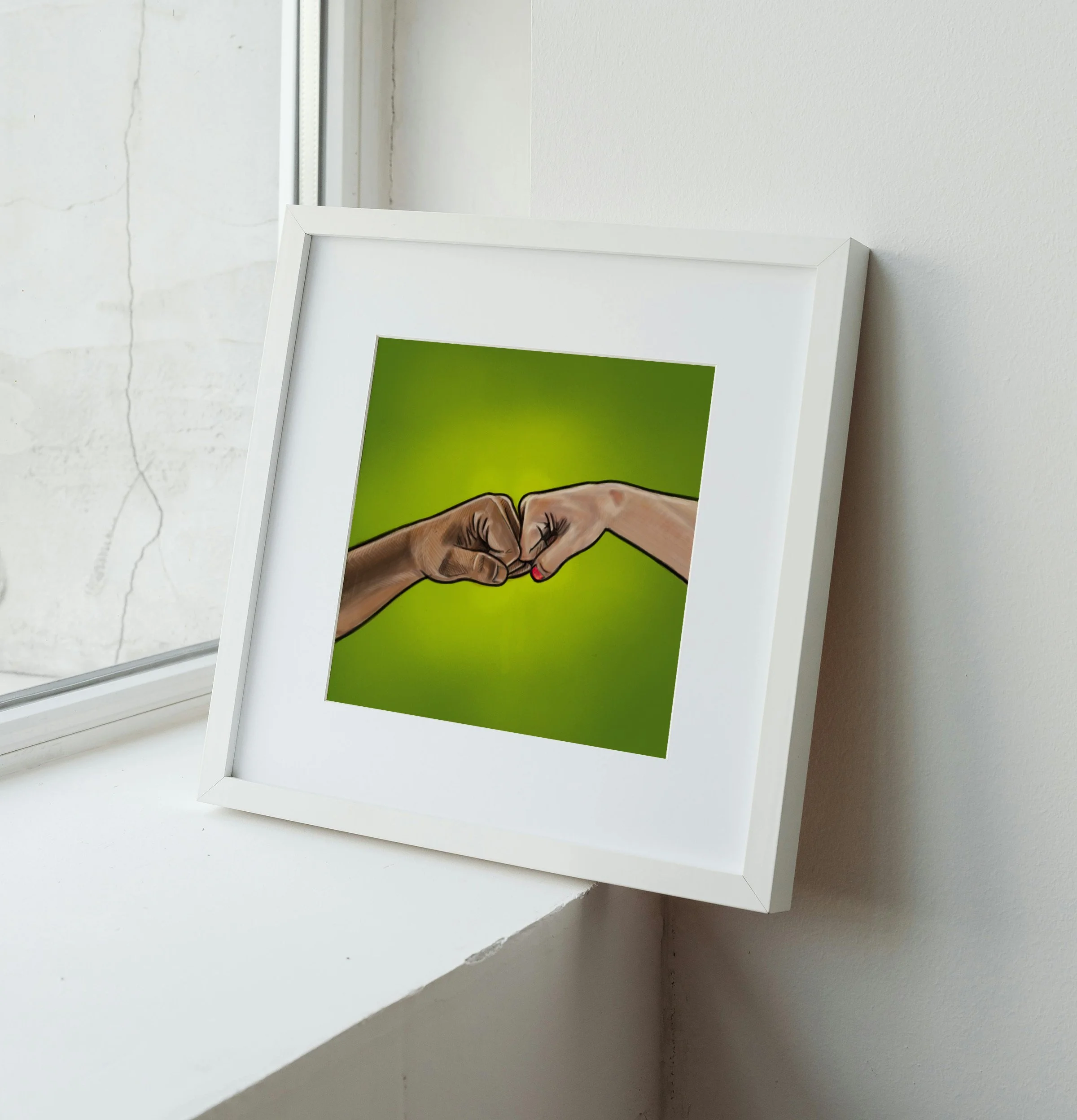 Mockup of the poster concept in a frame leaning next to a window.