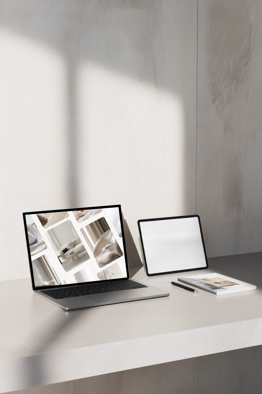 Laptop mit Poduktbilder limiloulu.STUDIO - VisibilitySTARTER Schreibtisch grau