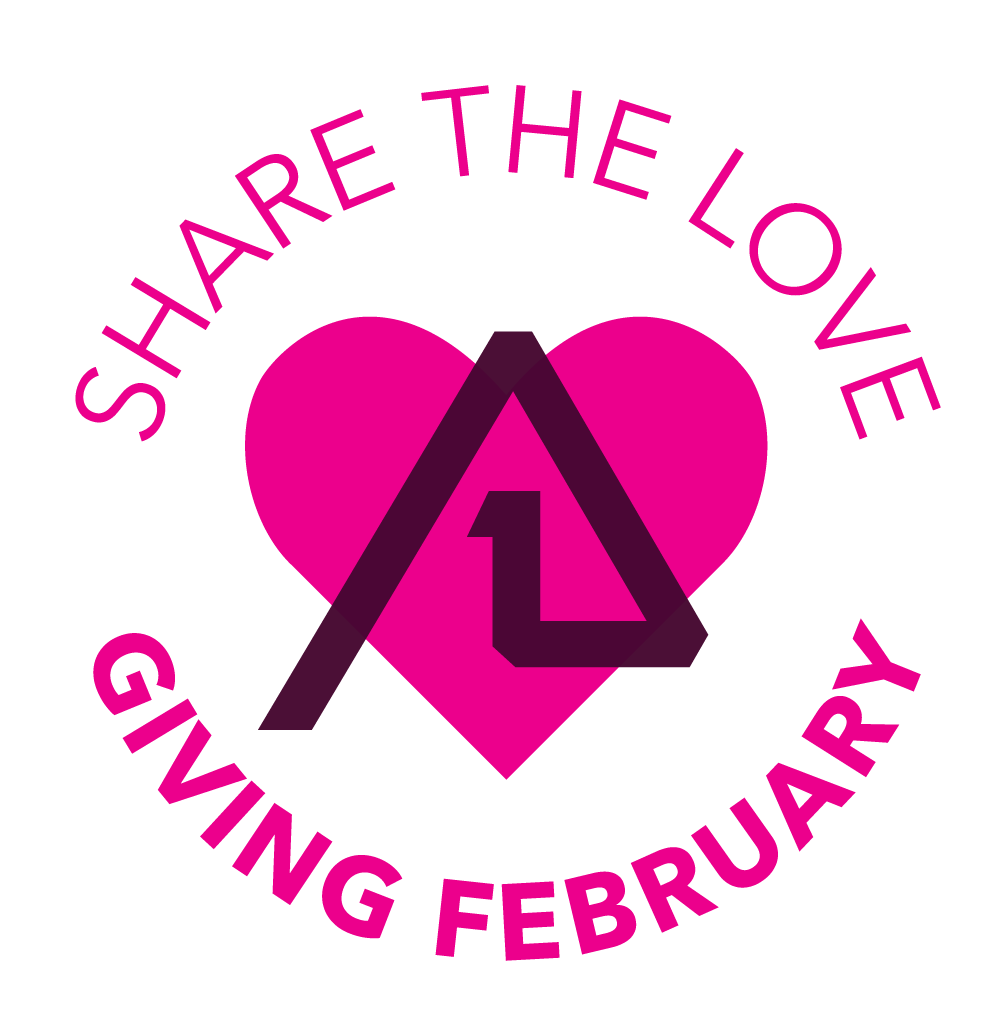 Pink heart with a purple protractor symbol in the middle and the text "Share the Love Giving February" surrounding it on a black background.