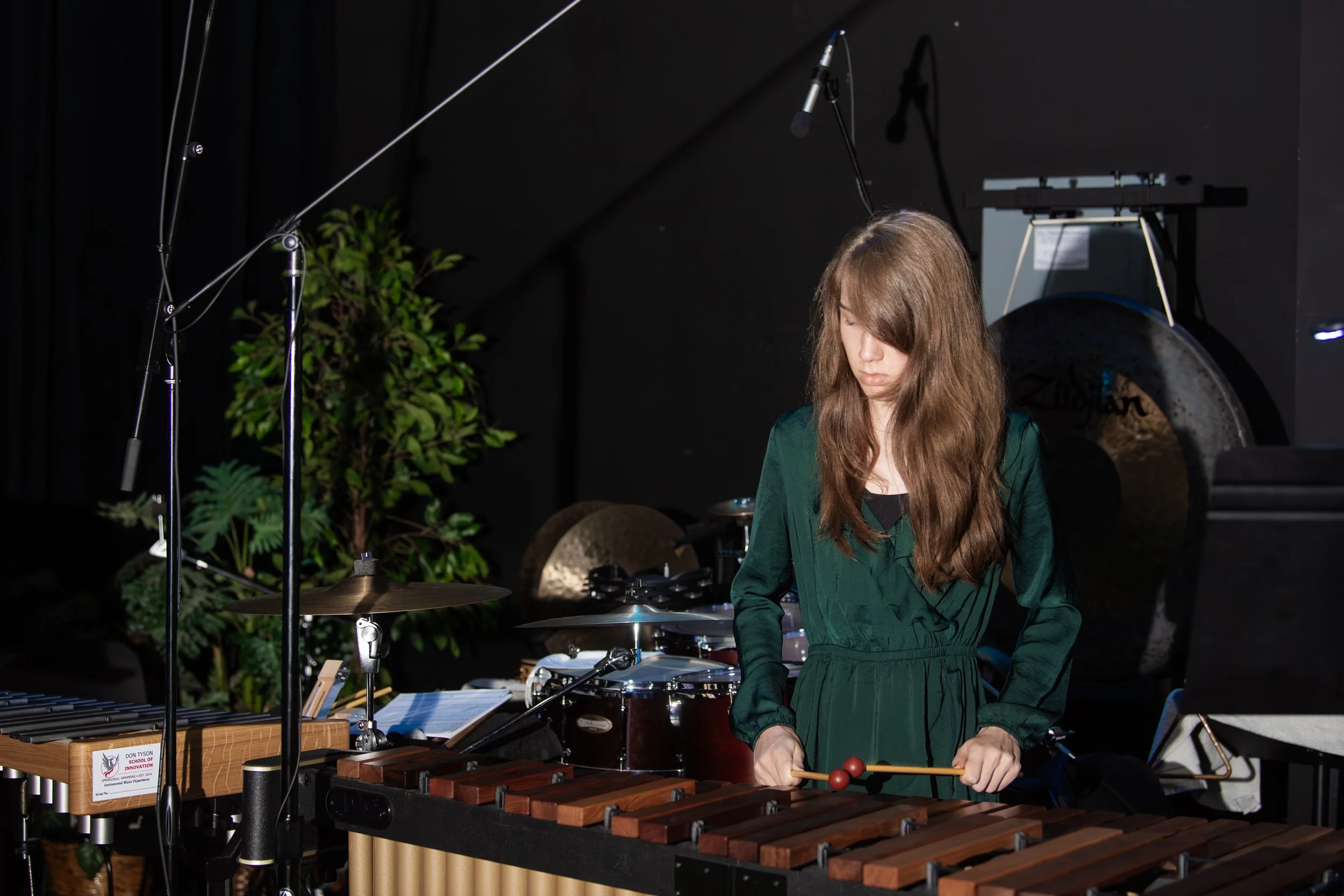 A young woman with long brown hair wearing a dark green dress playing a marimba during a music performance in a dimly lit room.