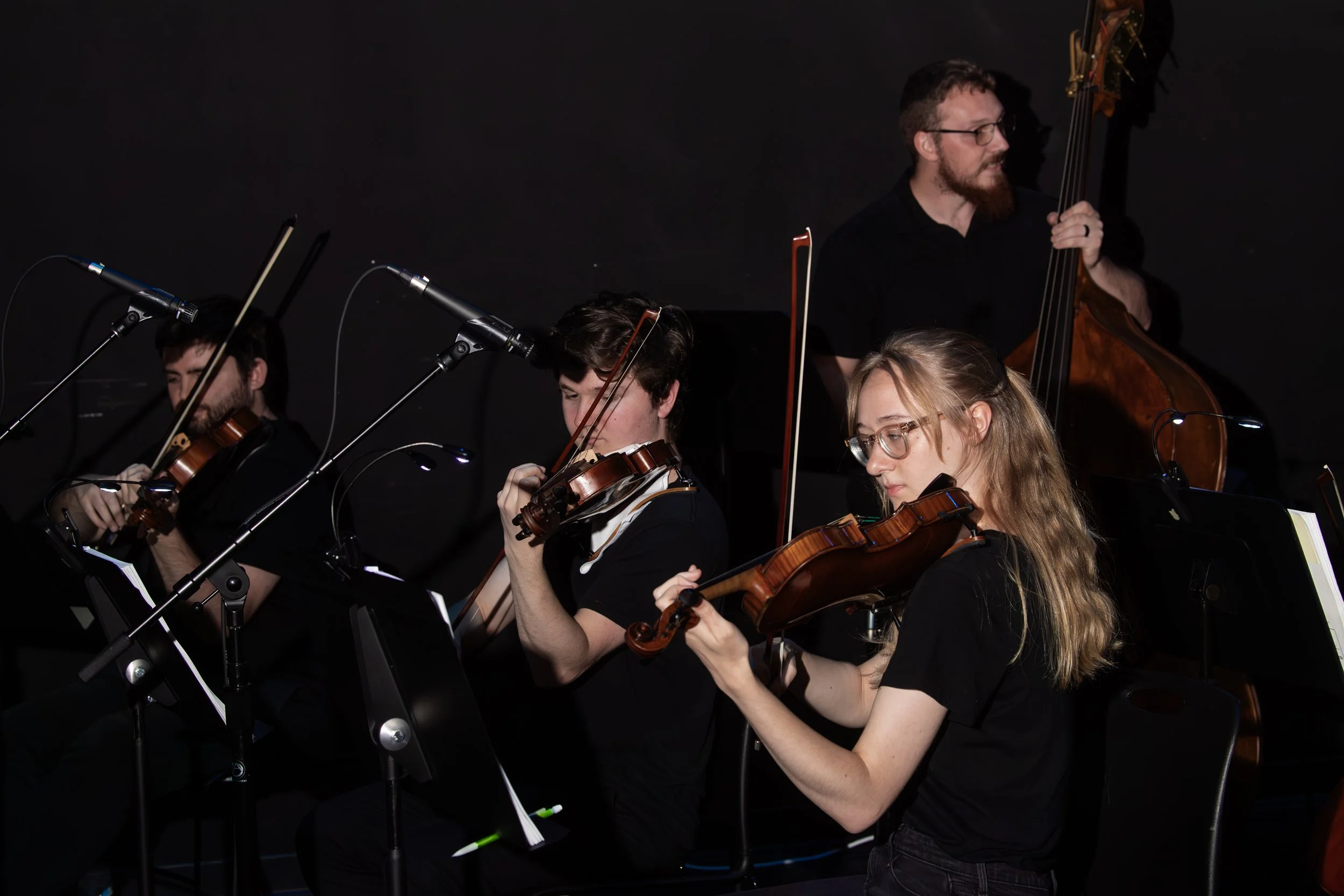 A group of four musicians is performing with string instruments on a dark stage. Three are playing violins, and one is playing a double bass.