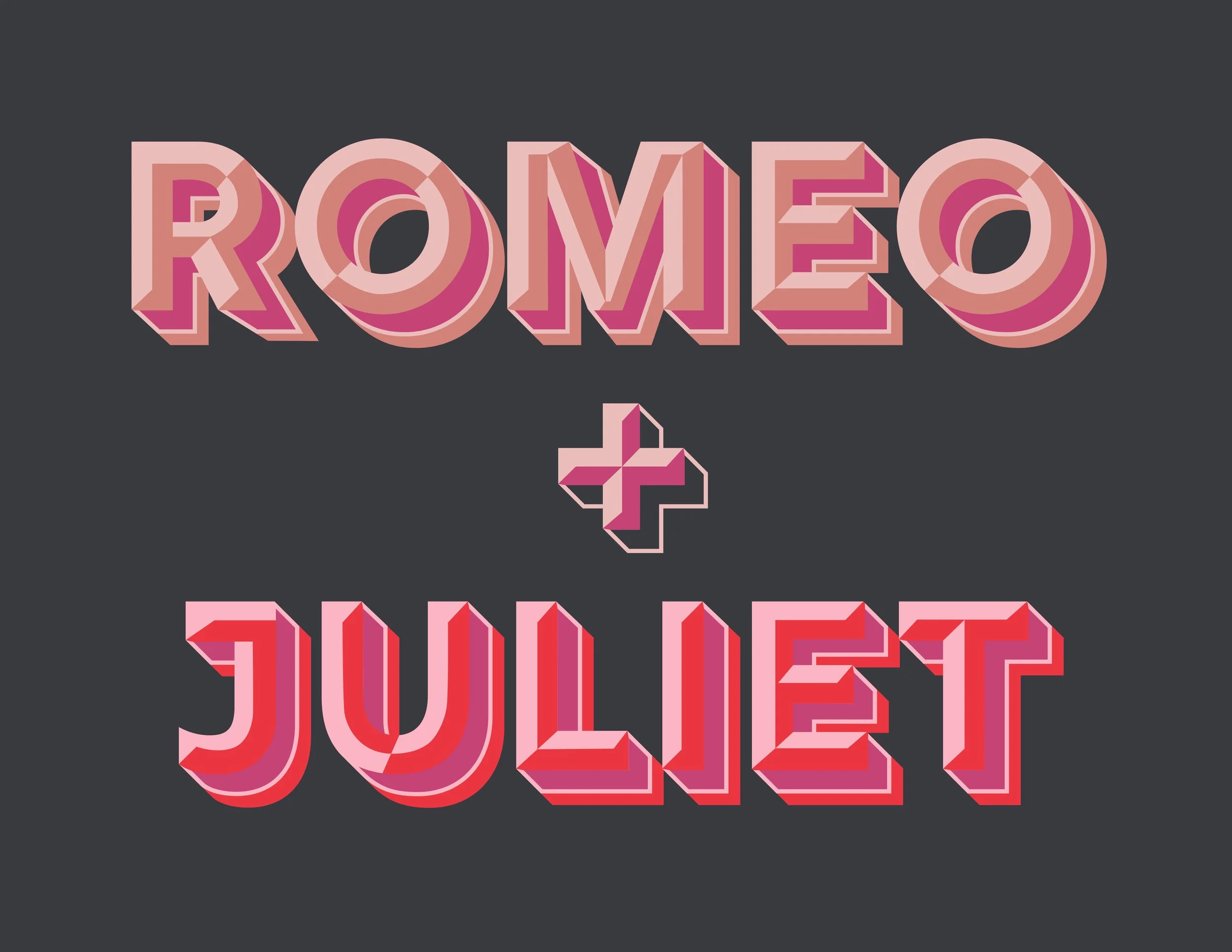 Stylized 3D text reading 'Romeo & Juliet' in pink and red colors on a dark background.
