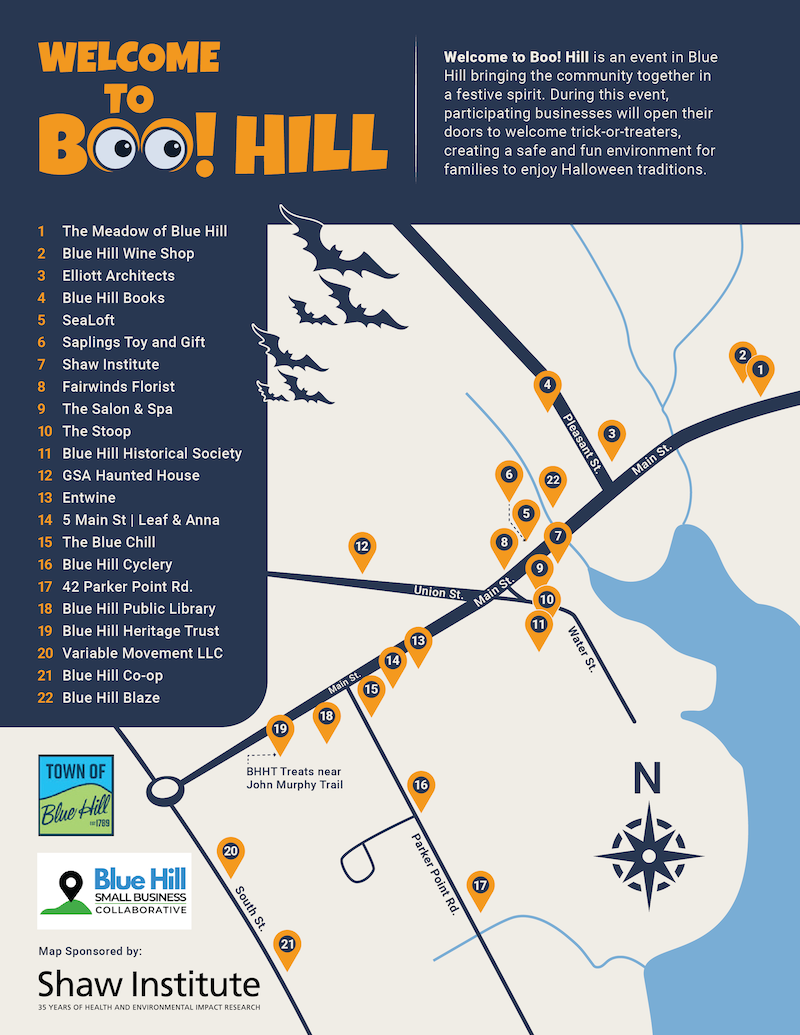 A map of Blue Hill depicting locations for trick or treaters