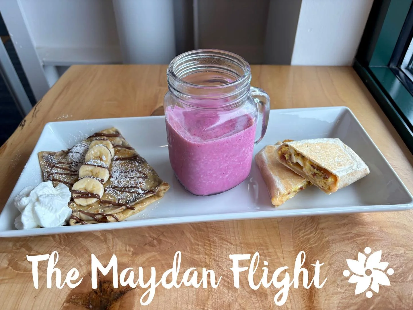 One plate, endless flavor. ✈️ The ultimate Maydan experience ➡️ The Maydan Flight:

✨ One crepe
✨ One small wrap
✨ One small smoothie

That&rsquo;s three tasty stops, one cozy destination&hellip; and 1,089 possible combinations! 🤩

Join the journey.