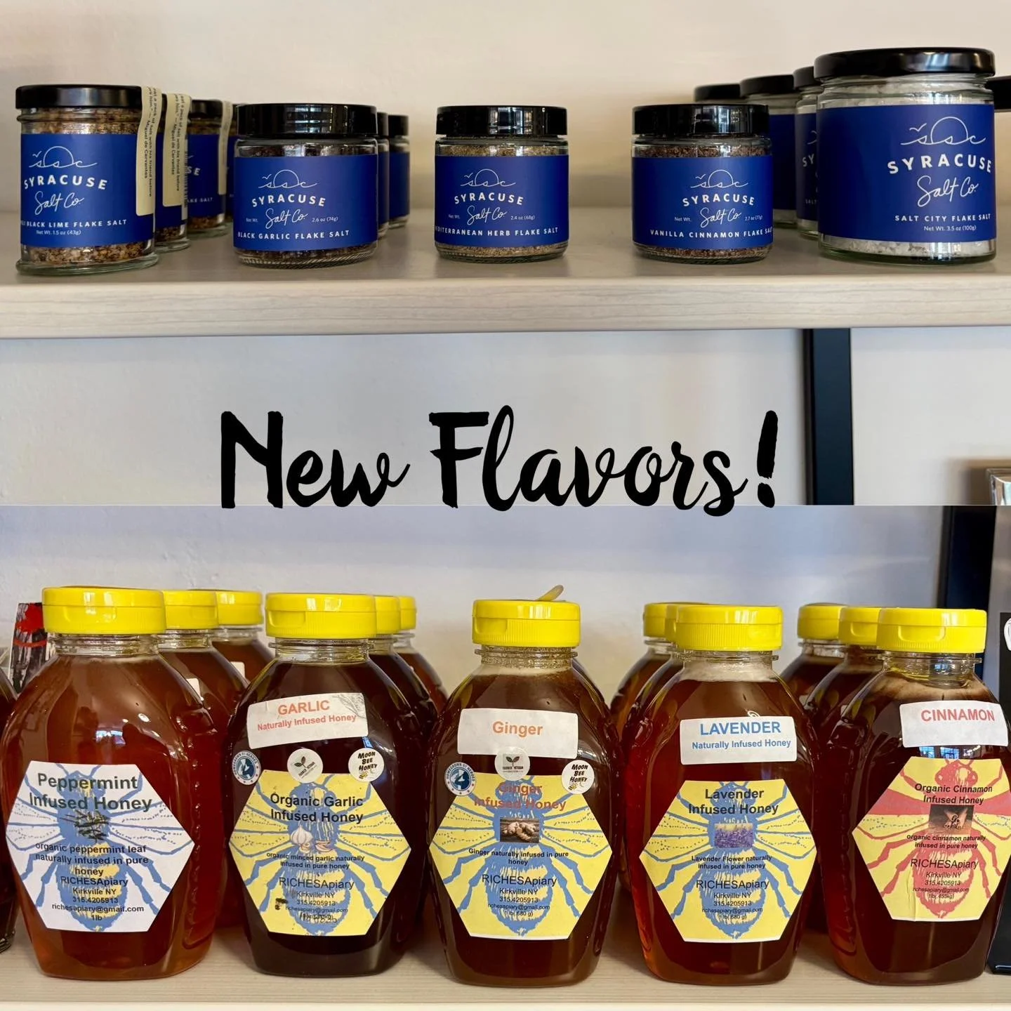 New flavors now available! Chili black lime, black garlic, Mediterranean herb, vanilla cinnamon and salt city flake salts @syrsaltco 🧂Peppermint, garlic, ginger,  lavender and cinnamon honey @richesapiary 🍯🐝