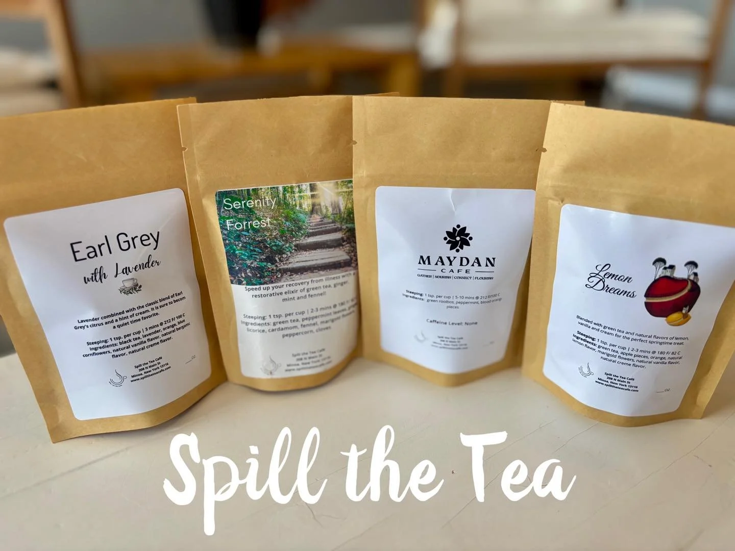 New teas blended just for you by @spill_the_tea_cafe in Minoa &mdash; now available to enjoy at home 🍵✨

&bull; Maydan Custom Blend &mdash; light &amp; refreshing with green rooibos, peppermint, and blood orange pieces
&bull; Lemon Dreams &mdash; a 