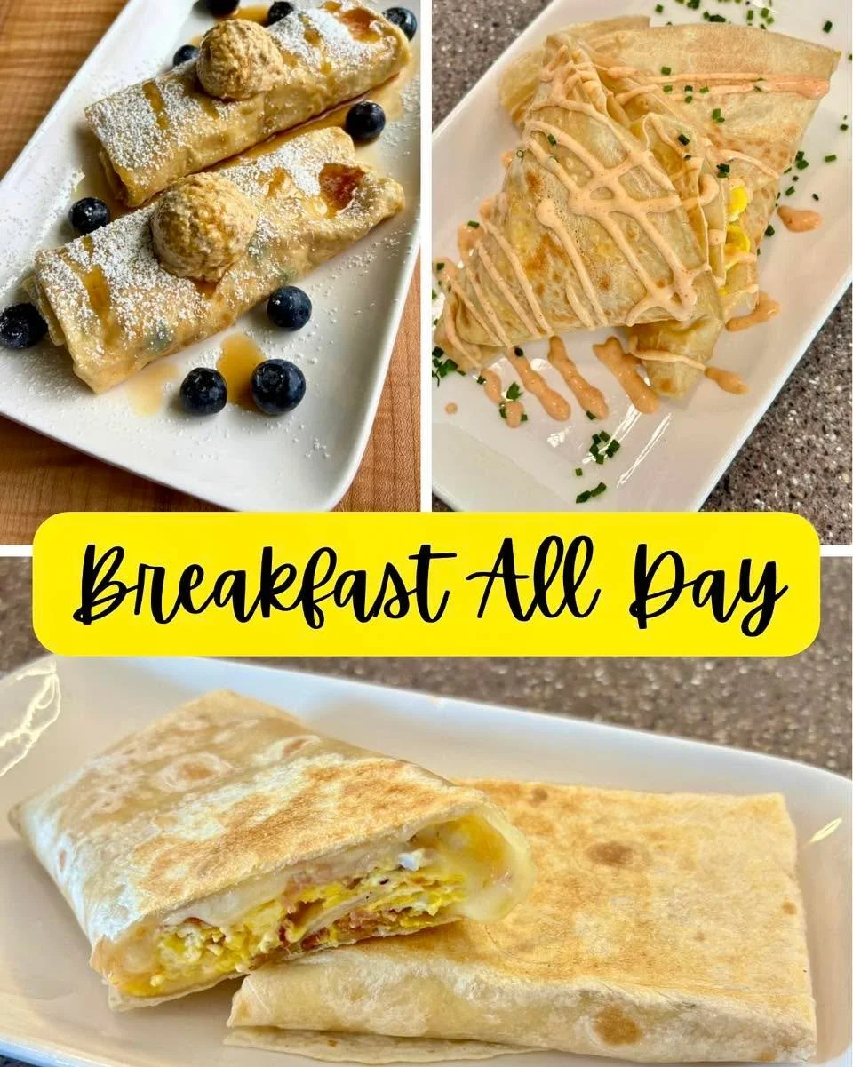 Yes, we serve breakfast all day!
Our full menu is available from 8&ndash;3&mdash;crepes, cafe breakfast wraps, and all your favorites, whenever the craving hits. #BfastAllDay #AnytimeIsCrepeTime #EggsAllDay