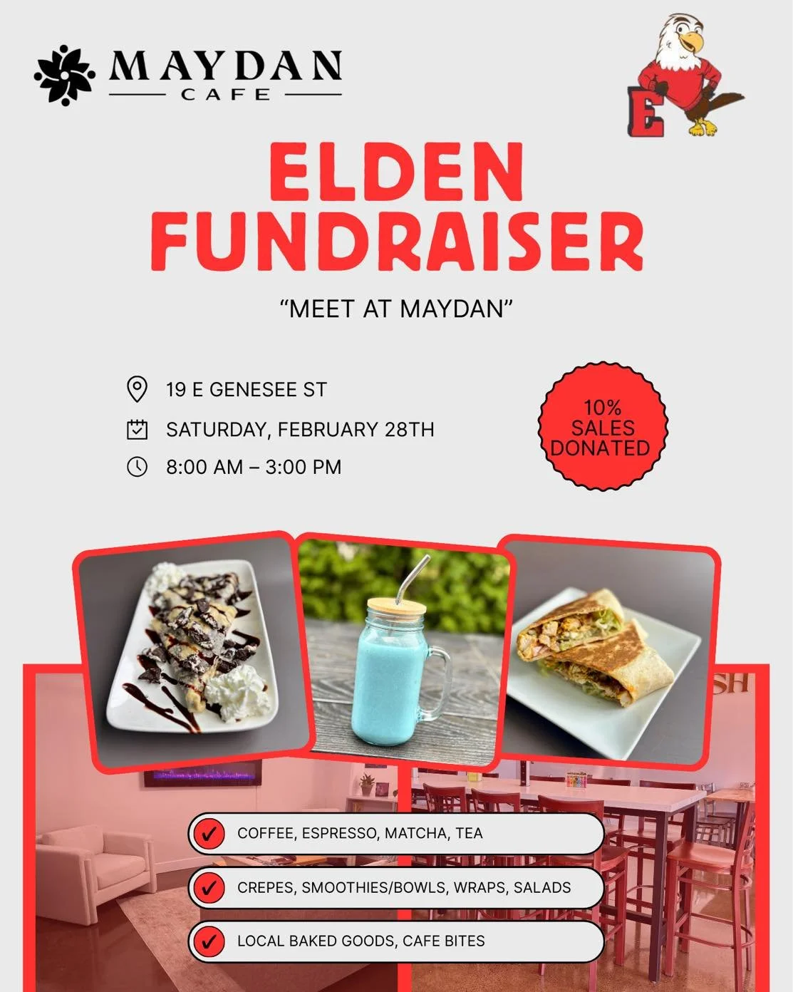 ✨ Fundraiser Day Tomorrow! ✨

Join us this Saturday 2/28 from 8am&ndash;3pm as we support Elden Elementary 🦅

We&rsquo;re donating 10% of ALL sales from the day directly back to the school!

Grab your favorite latte, smoothie, or crepe, bring a frie