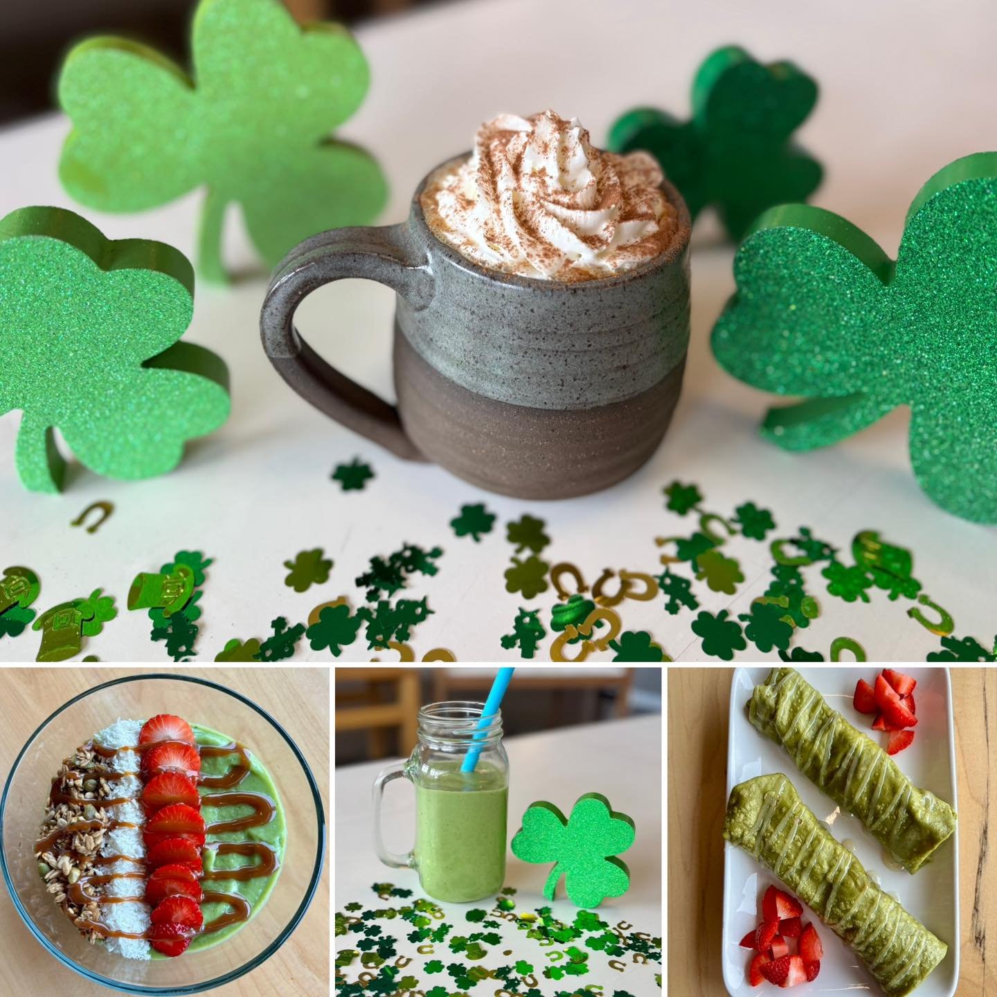 GET YOUR GREEN ON 🍀

Our St. Patrick&rsquo;s specials are here and they&rsquo;re looking (and tasting) extra lucky 💚

✨ Irish Cream Latte
Irish cream syrup, topped with whipped cream and a dusting of cacao

🌿 Creamy Mint Shamrock Smoothie/Bowl
Pep