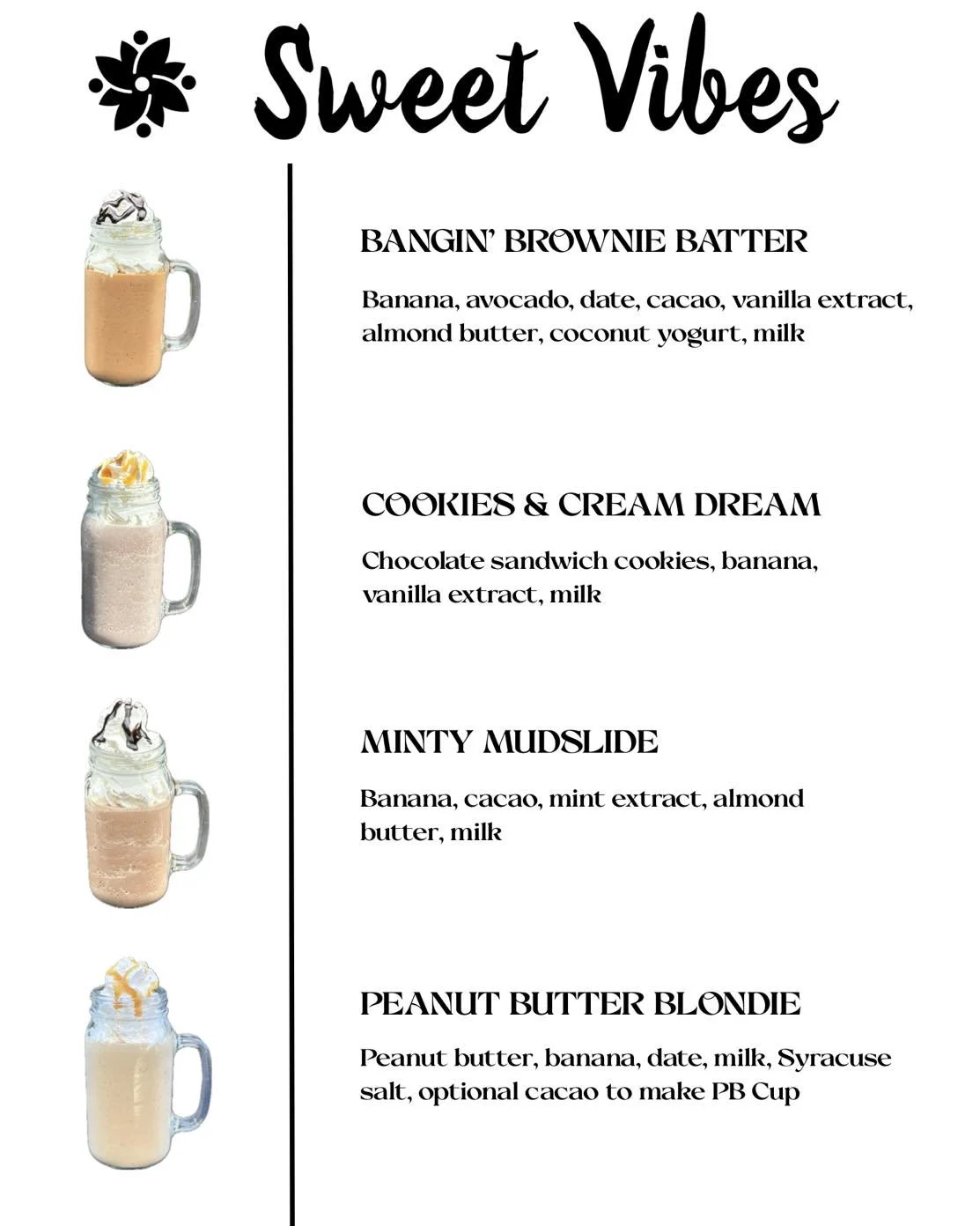 Sweet vibes only 🤎✨

Our indulgent smoothies prove you can treat yourself and feel good about it. Made with real, simple, whole ingredients you can actually recognize.

Featuring:
🍫 Bangin&rsquo; Brownie Batter
🍪 Cookies &amp; Cream Dream
🌿 Minty