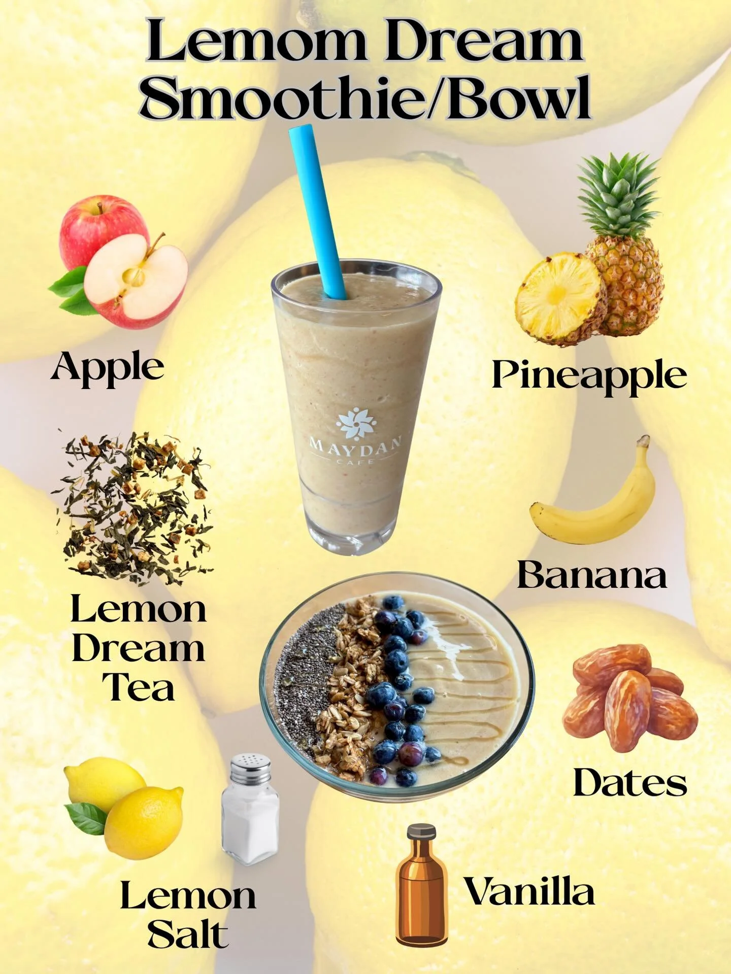 Meet your new spring favorite: Lemon Dream Smoothie/Bowl 🍋

Bright, refreshing, and perfectly balanced&mdash;this blend features apple, pineapple, banana, dates, vanilla, a touch of Syracuse lemon salt, and our Lemon Dream Tea&mdash;locally blended 