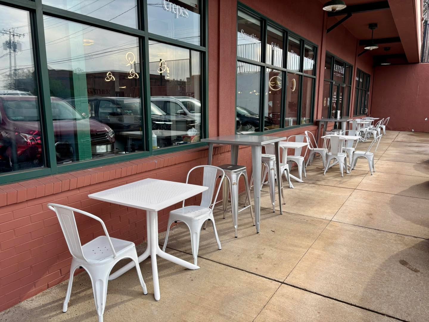 Outdoor seating is out ☀️🌿

Our sidewalk seating is officially set up&mdash;covered and cozy, so you can enjoy your favorite latte, crepe, or smoothie with some fresh air (rain or shine).

Perfect for a quick coffee break or catching up with a frien