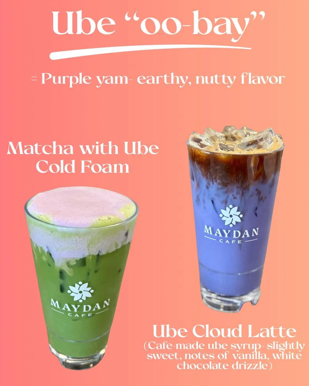 Not sure what ube is? You&rsquo;re not alone 💜

Ube (pronounced &ldquo;oo-bay&rdquo;) is a purple yam known for its naturally vibrant color and smooth, slightly sweet flavor with hints of vanilla and nuttiness. It&rsquo;s subtle, cozy, and a little 