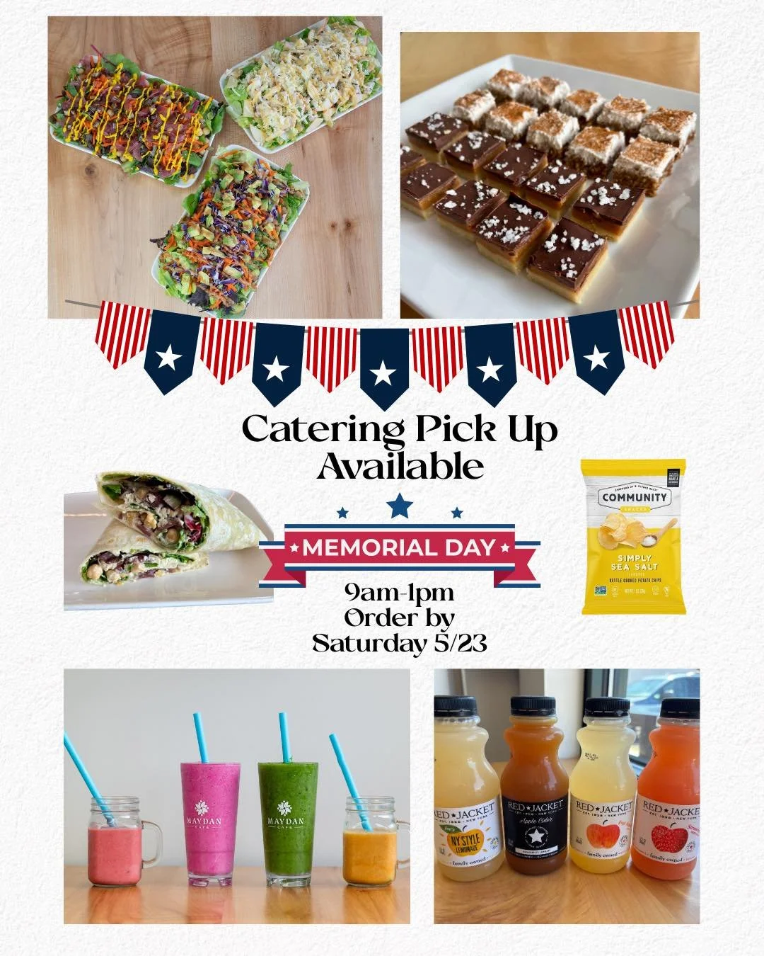 Make Memorial Day a little easier ☀️☕️

We&rsquo;ll be open Memorial Day with limited hours, and catering pickup will also be available for your holiday plans.

Fresh wrap platters, salads, smoothies, drinks, chips &amp; cafe bites &mdash; perfect fo