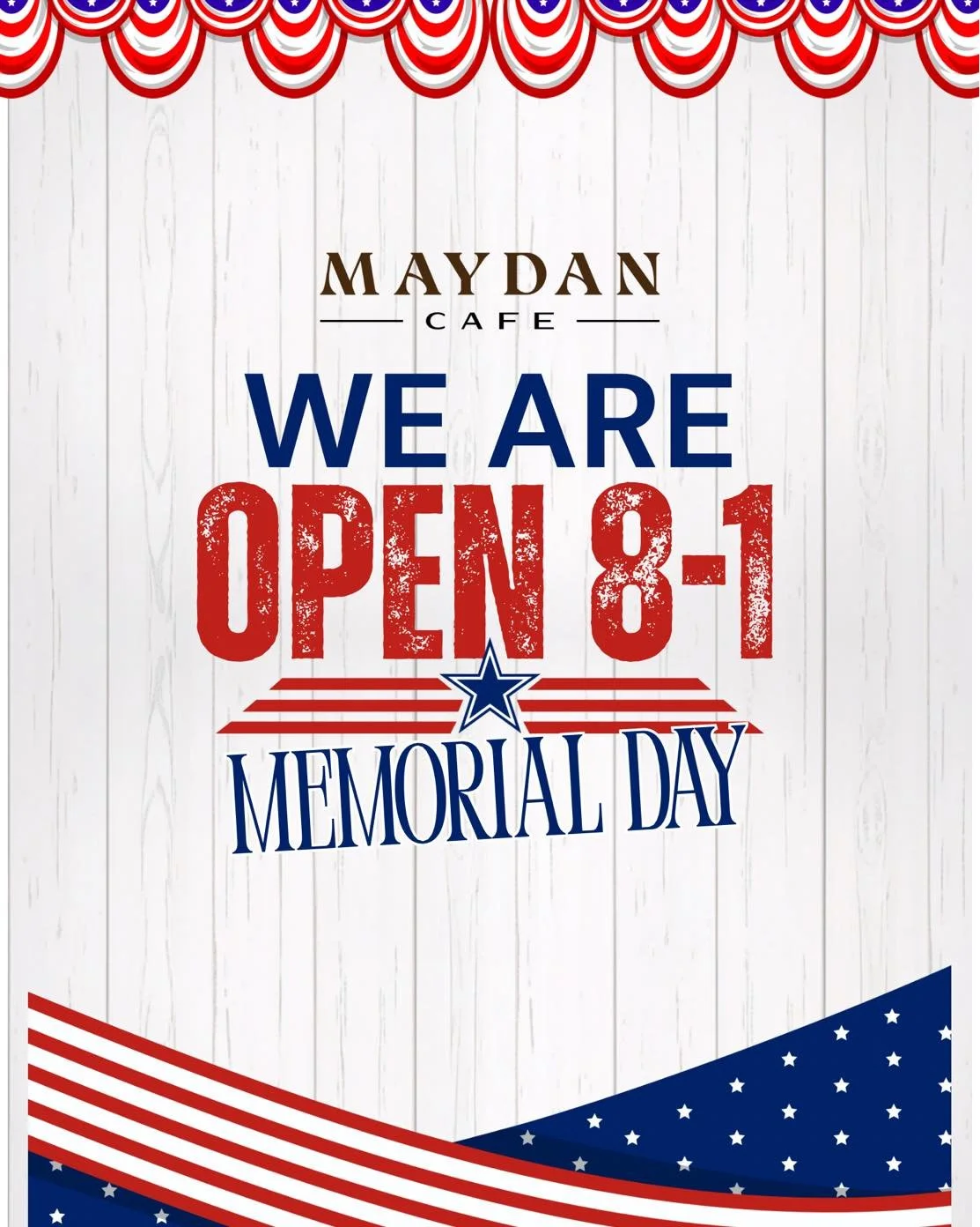 We&rsquo;re open regular hours all Memorial Day weekend, with reduced holiday hours on Monday from 8 AM&ndash;1 PM 🇺🇸☀️

Gather with friends and family at Maydan this weekend and enjoy your cafe favorites, fresh baked goods, drinks, and more. Wheth