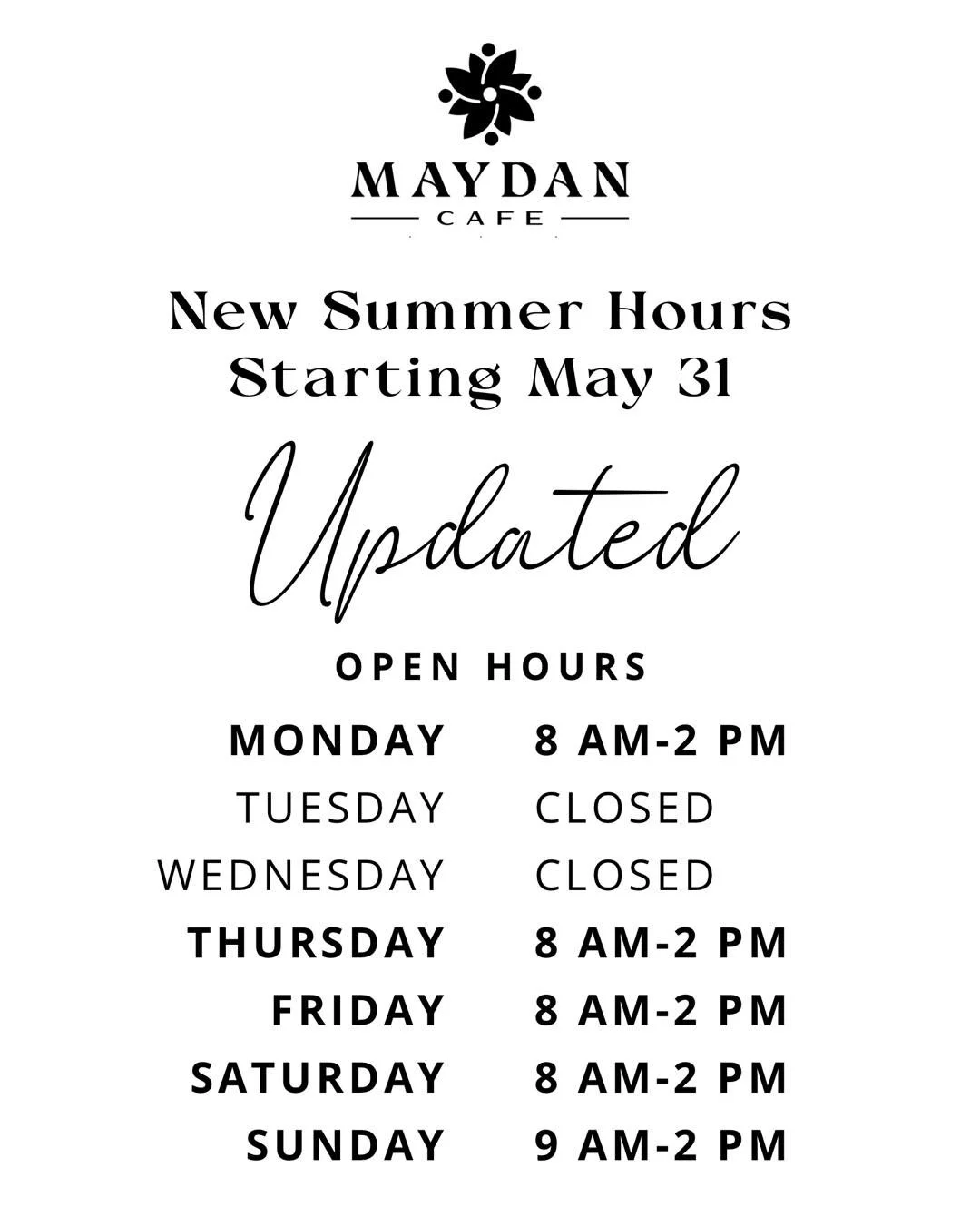 New summer hours start Sunday, May 31 ☀️

Monday: 8AM&ndash;2PM
Thursday&ndash;Saturday: 8AM&ndash;2PM
Sunday: 9AM&ndash;2PM

We&rsquo;re shifting into a new seasonal schedule while continuing to serve all your favorite crepes, bowls, smoothies, wrap