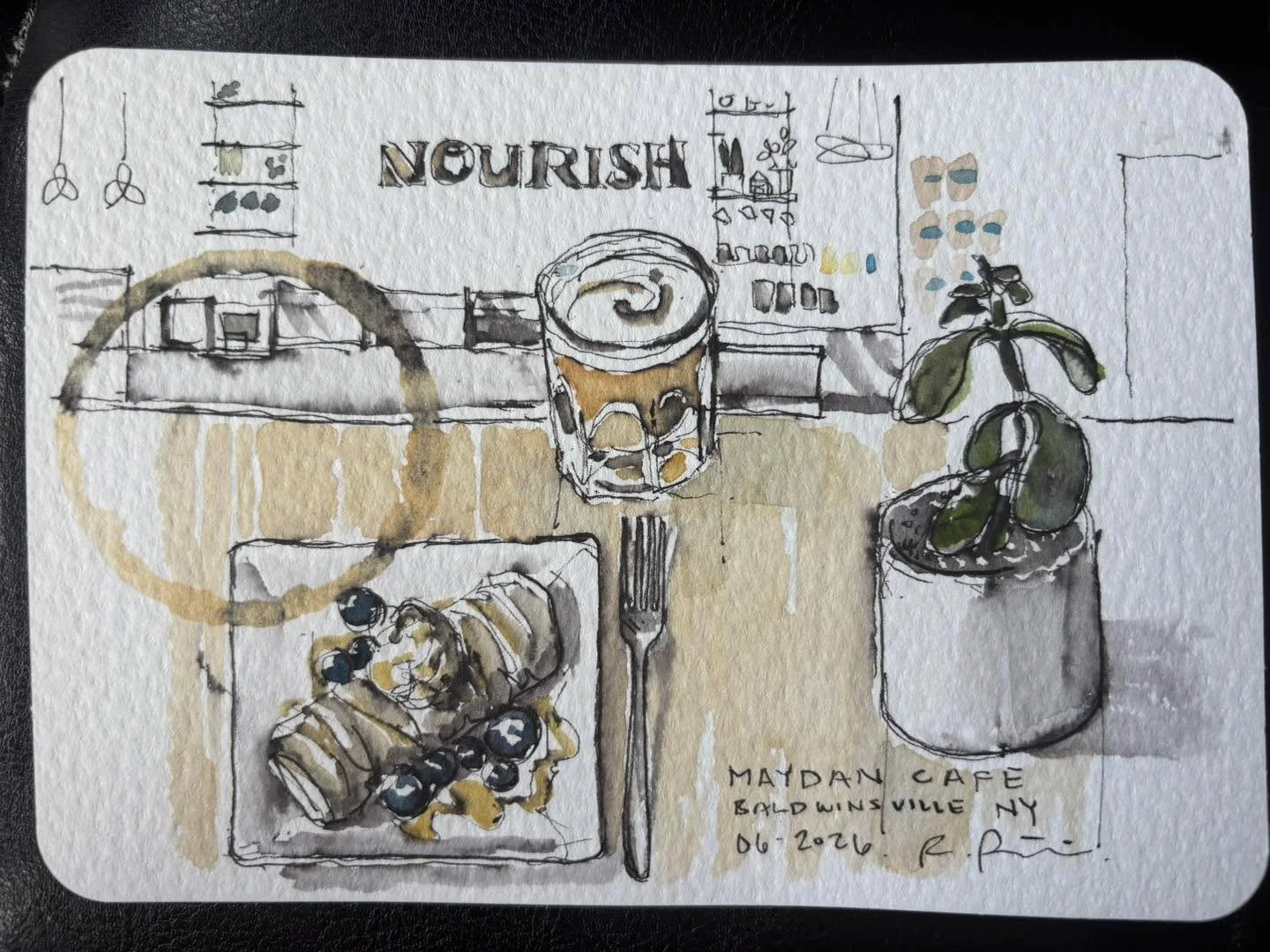 Love this amazing picture made by robpetriedesignarts today at the cafe using watercolors while enjoying a Ray crepe and cortado. 😍🎨🖌️☕️