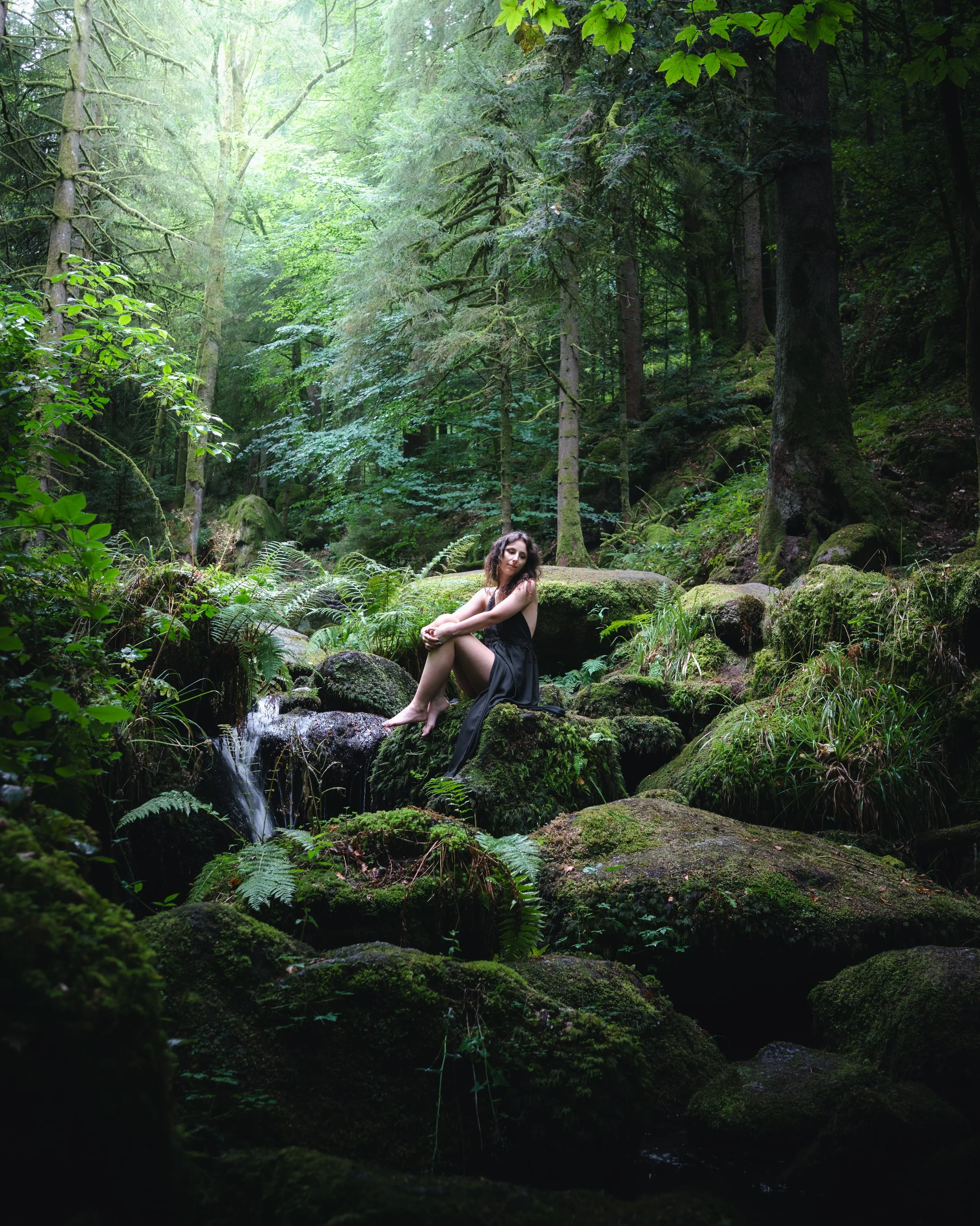 Portrait d'une forêt dense avec des arbres verts et un ruisseau, une femme assise sur des rochers près de l'eau, portant une robe noire, en forêt noire en Allemagne.