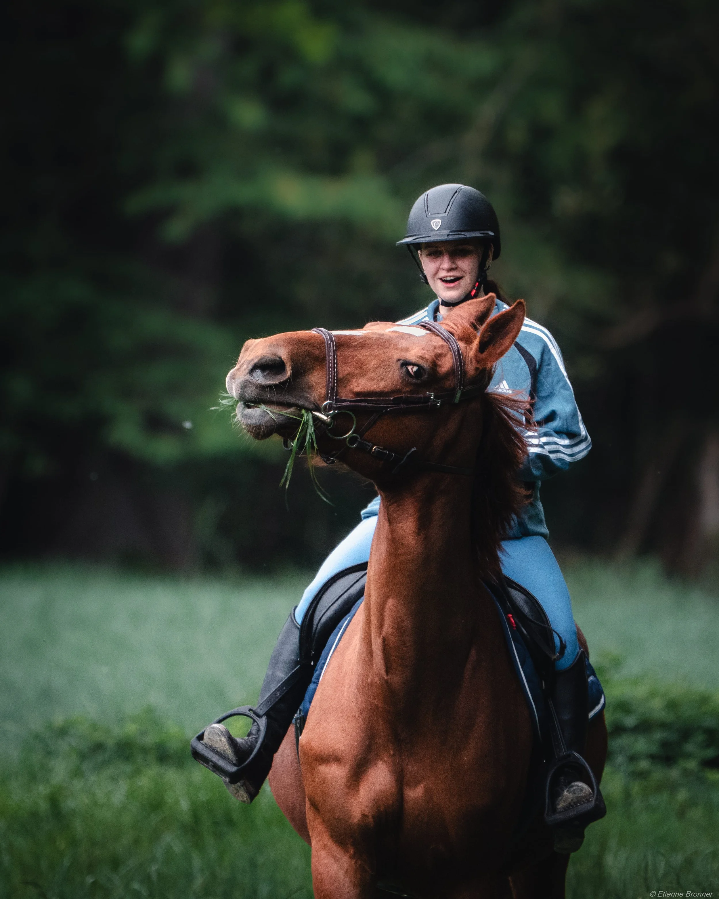 Portrait d'une jeune femme à cheval, portant un casque de protection, semble heureuse dans un environnement naturel verdoyant.