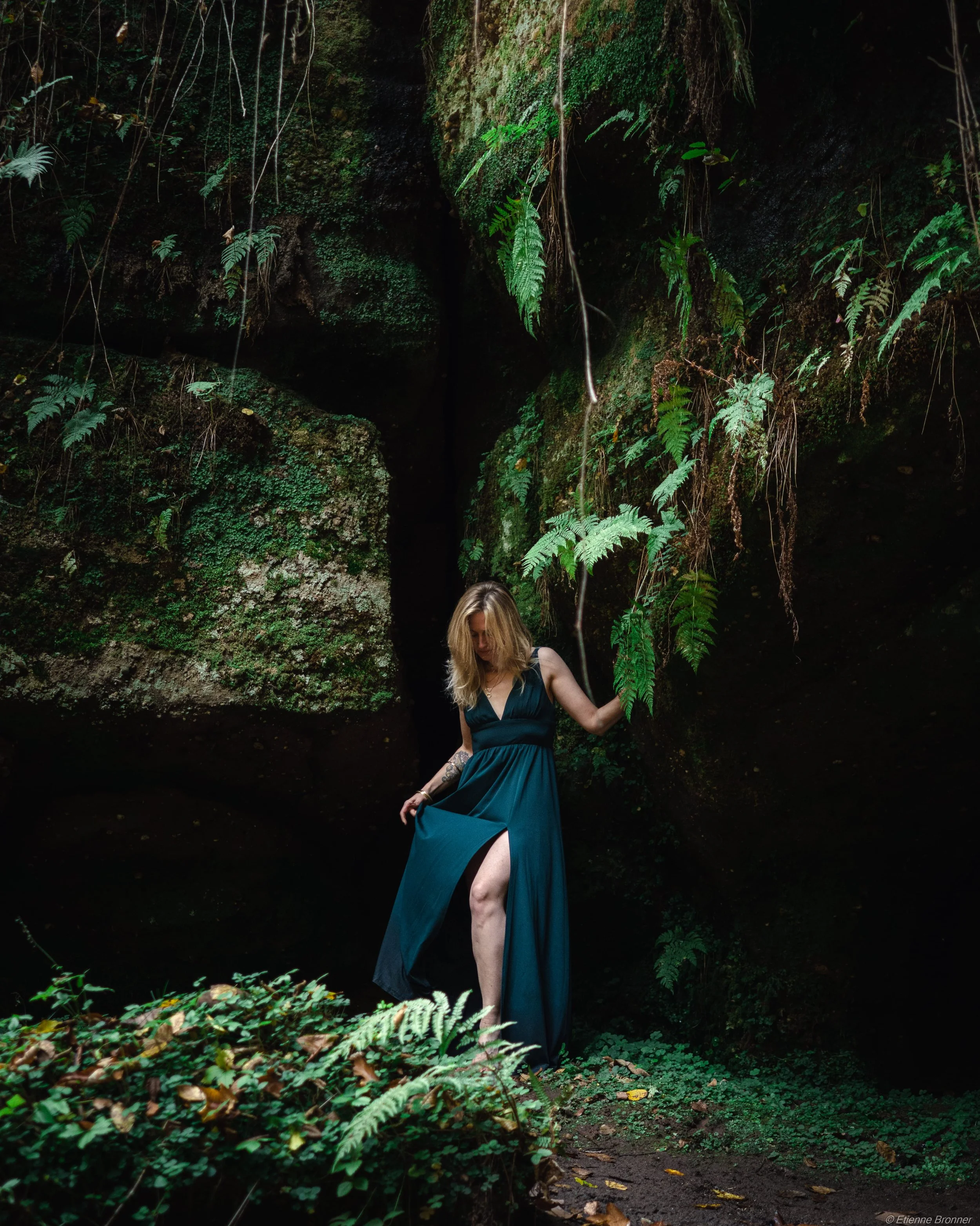 Une femme en robe bleue se tient dans une forêt sombre, entourée de végétation luxuriante.