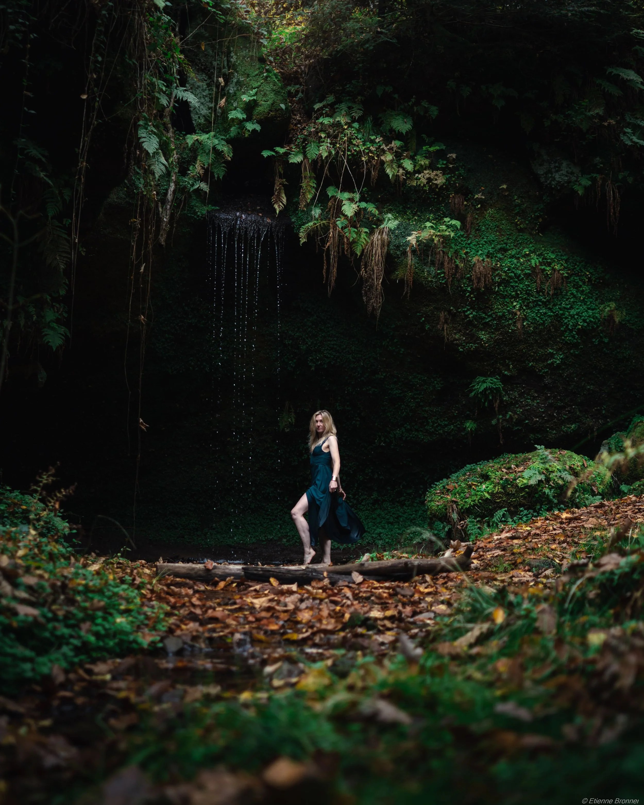 Femme en robe noire debout sur un tapis de feuilles mortes dans une forêt verte, avec une petite cascade en arrière-plan.