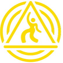Yellow firefighter rescue symbol with a person carrying another person within a circle and triangle