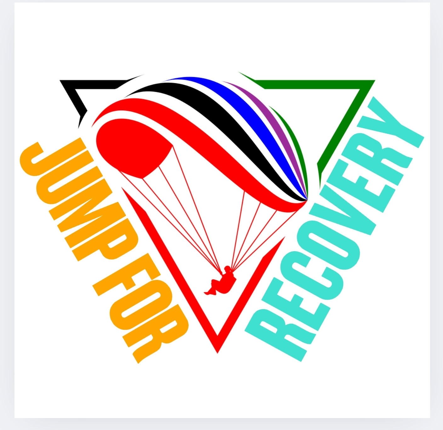 Logo for Jump for Joy Foundation featuring a parachute with black, blue, purple, red, and white stripes, descending into a red triangle with the foundation name in colorful text.