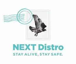 A logo with a flying bird, stylized lines suggesting a speed or flight, and the text 'NEXT Distro' with the slogan 'STAY ALIVE, STAY SAFE'.