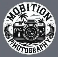 Logo for Mobition Photography featuring a camera, palm trees, and a beach scene in black and white.