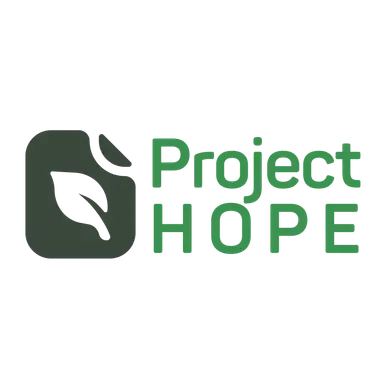 Logo for Project Hope featuring a green leaf inside a circular shape with the words 'Project Hope' in green text.